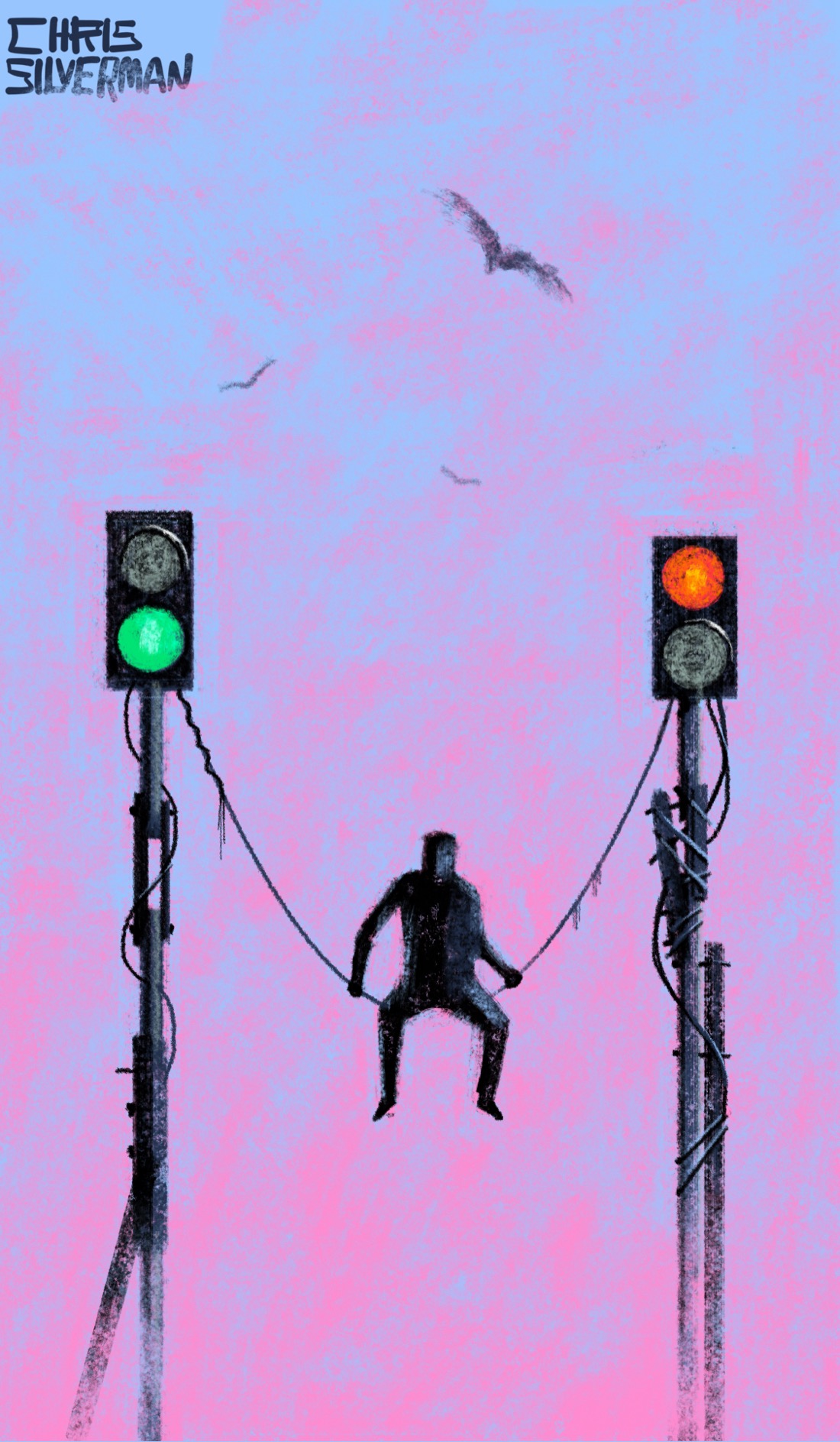 A pink sky fading to blue. The ground is not visible. Rising up from where the ground would be are two incredibly rickety poles made of bits and pieces that are tied together with cable. At the top of the left pole is a green traffic light; at the top of the right one is a red traffic light. Strung between the two poles is a long cable, hanging downwards. Sitting in the center of the cable, hanging in space, is a person. Several birds circle overhead.