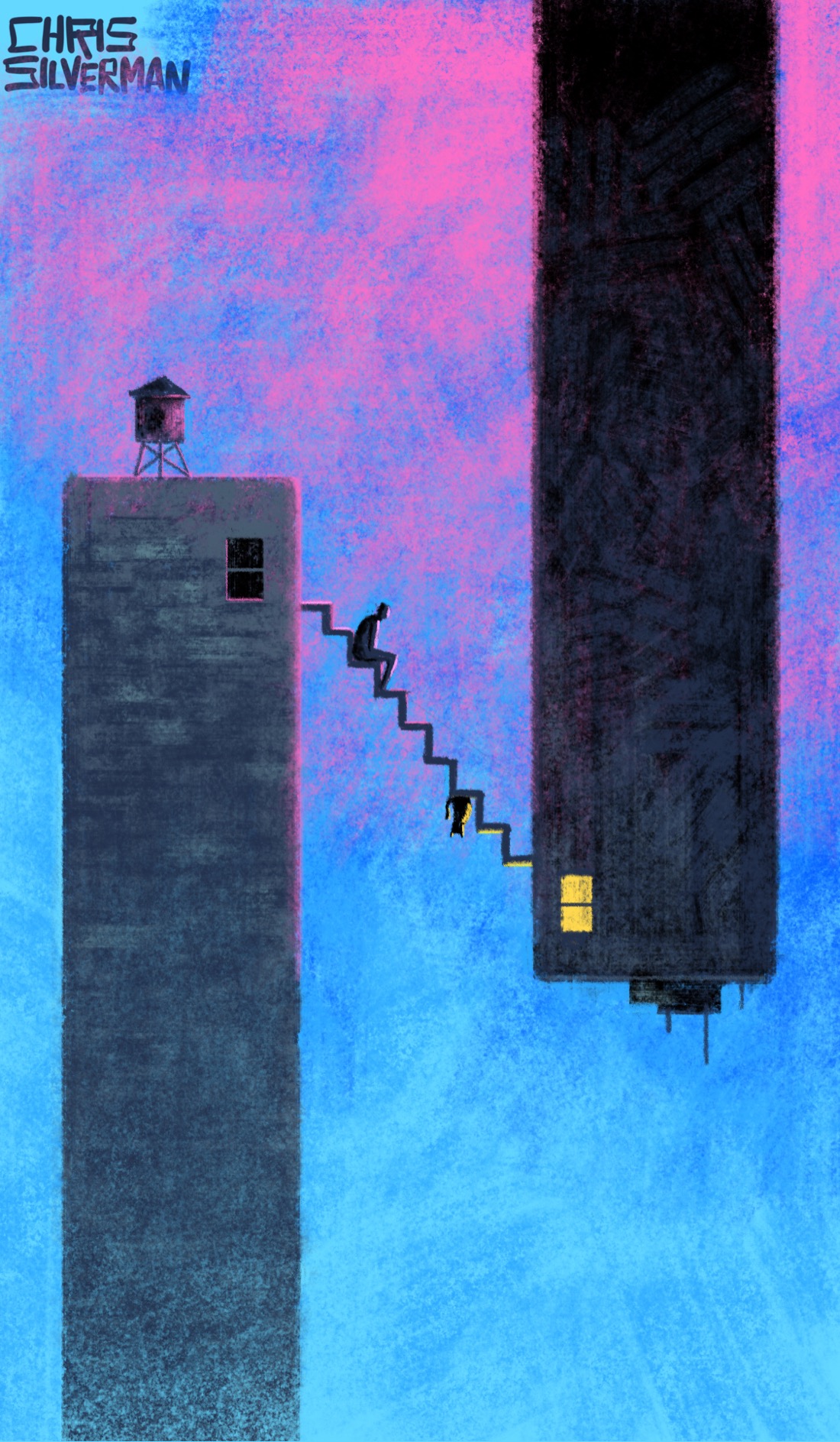 Two tall, thin skyscrapers. The one on the left rises up from the ground. The one on the right seems to be dangling down out of the sky, upside-down. Both have only one window at the very top. Below, the sky is blue; above, and to the right, the sky is the pink of sunrise or sunset. The window in the left building is dark; the window in the right building is glowing yellow. A thin staircase connects the two, extending downwards from the left building. On the left, a person sits at the top of the staircase. On the right, a cat is also sitting at the top of the staircase, but upside down, on the underside of the staircase, as though gravity is inverted.