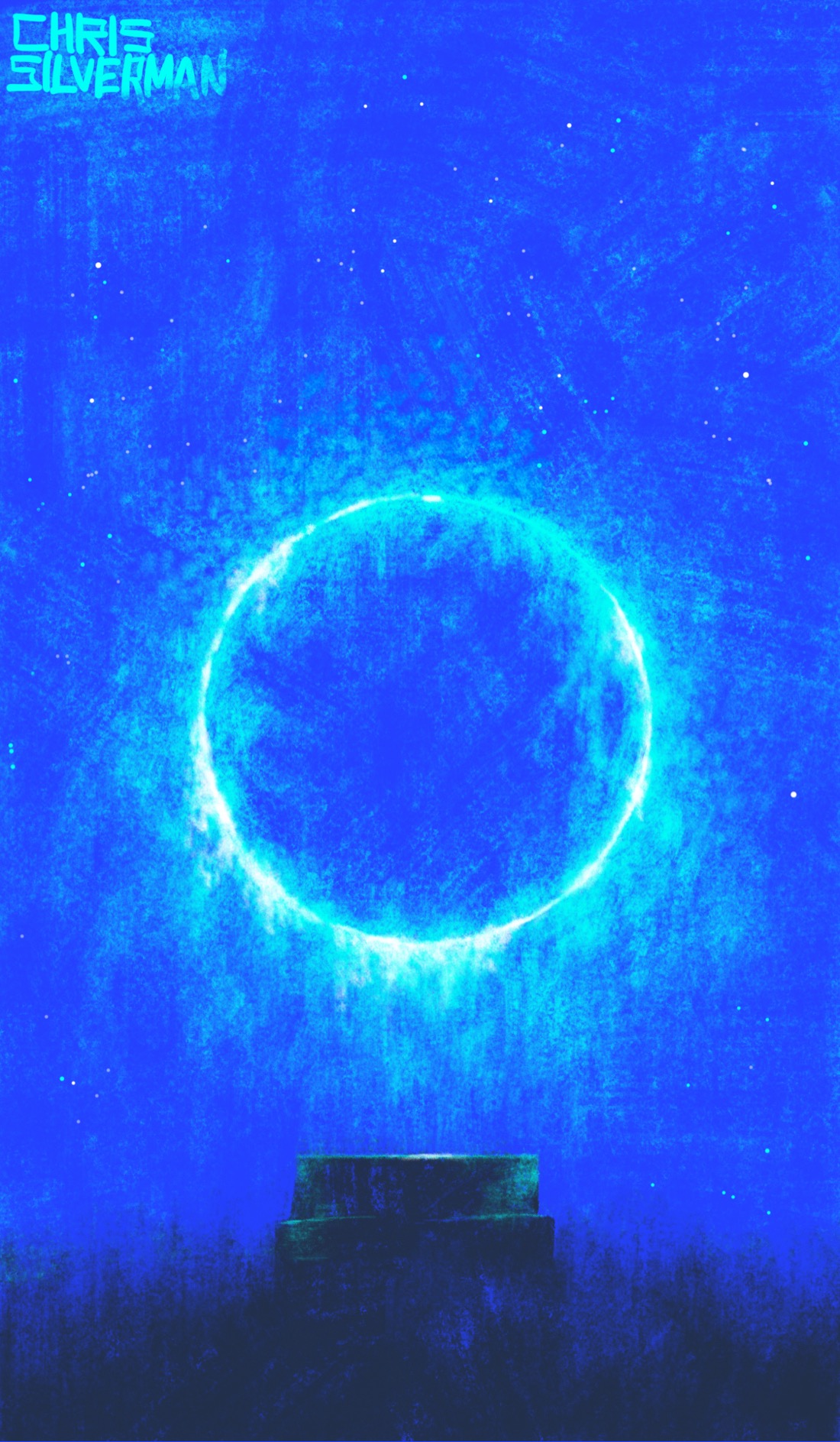 A scene at night. The sky is deep blue and filled with stars. Rising out of a meadow is a short platform that looks cylindrical, like a pipe or pedestal. Hovering above it is a glowing blue-white circle with bluish flame or fog dripping off of it.