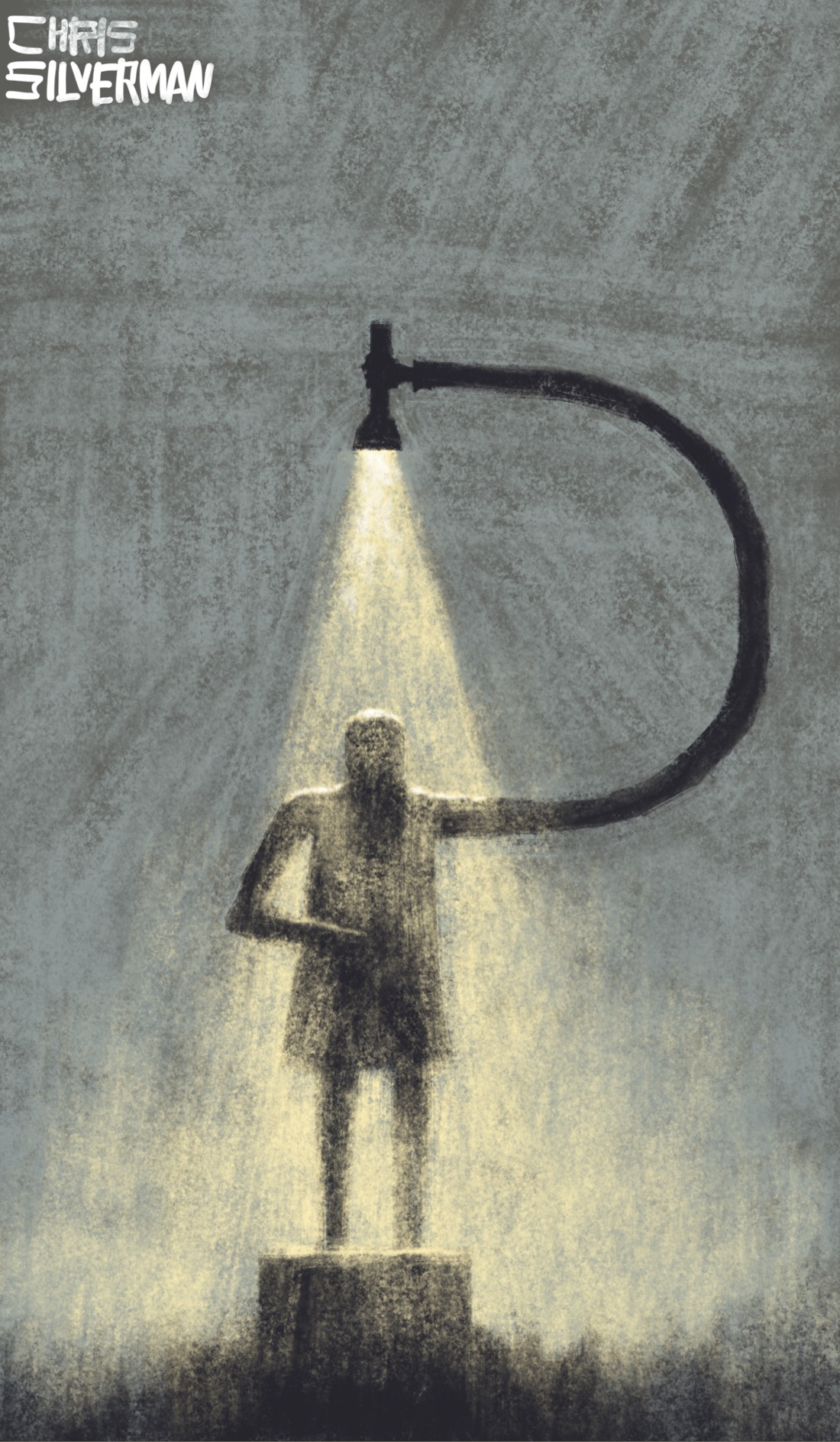 A gray, cloudy night. A figure stands on a small soapbox in the middle of nowhere, the pose suggesting that they are giving a speech. Their left arm is extremely long and curved and they are holding a flashlight above their head, shining a dull gold beam down as though it's a spotlight. The beam of the light tapers off into haziness, suggesting fog.