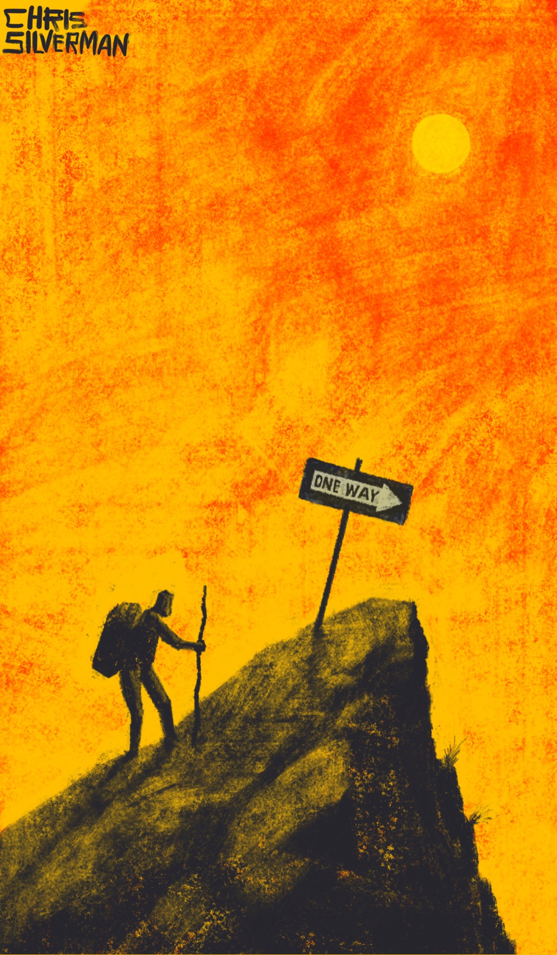 A sharp, craggy promontory with a slope on the left side and a steep drop on the right. At the very top is a One Way street sign pointing towards the edge. Approaching the sign from the slope is a hiker wearing a large pack and carrying a stick. The sky is a rough orange-red, with an orange sun in the top right.