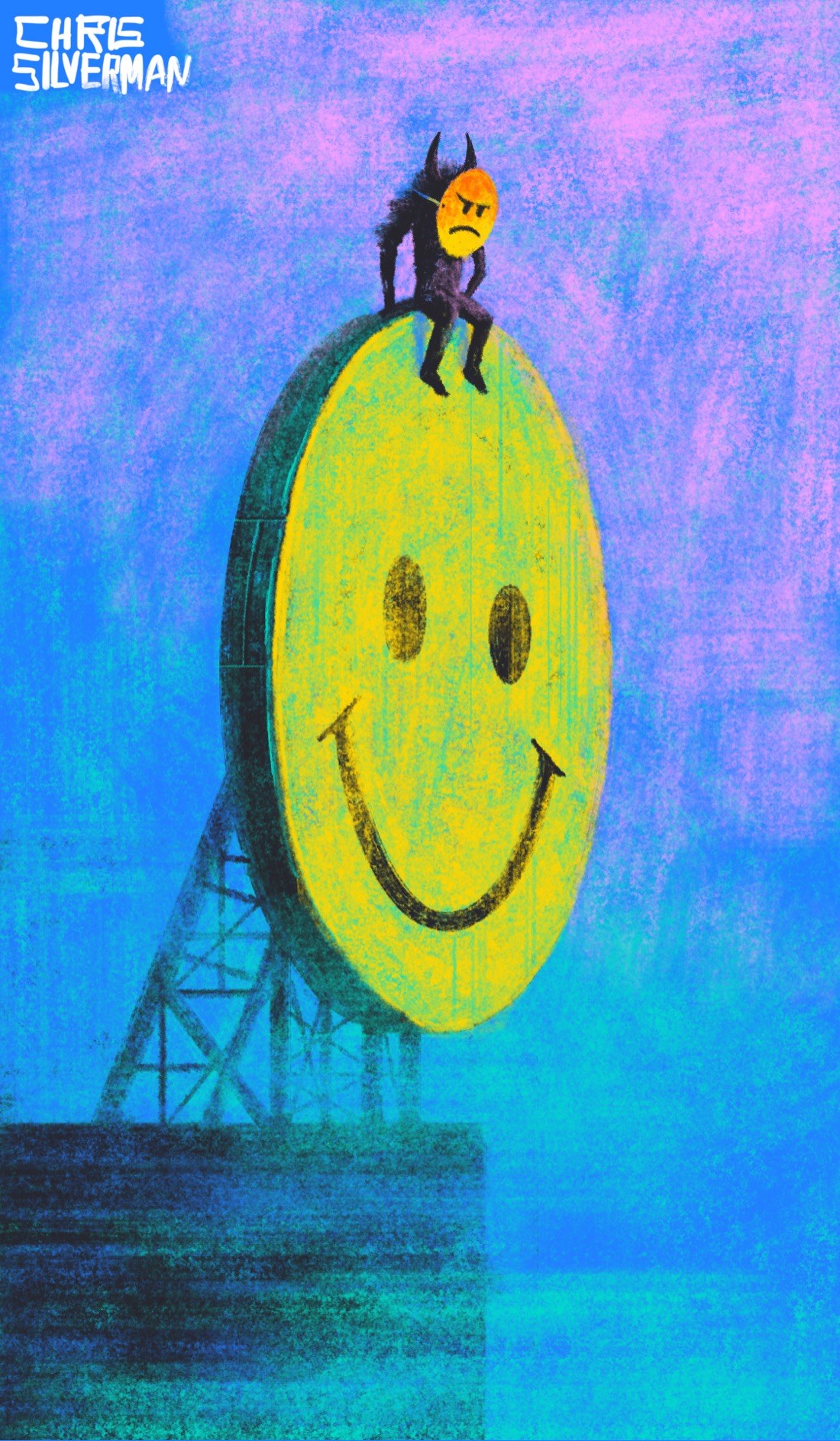 A giant yellow smiley-face, mounted on the side of a building as though it's a billboard. The sky is the dark blue of oncoming dusk, pink-tinged in the top right, and is slightly foggy. On top of the smiley-face sits a small hunched-over figure with dark fur and horns, wearing an angry-face mask.