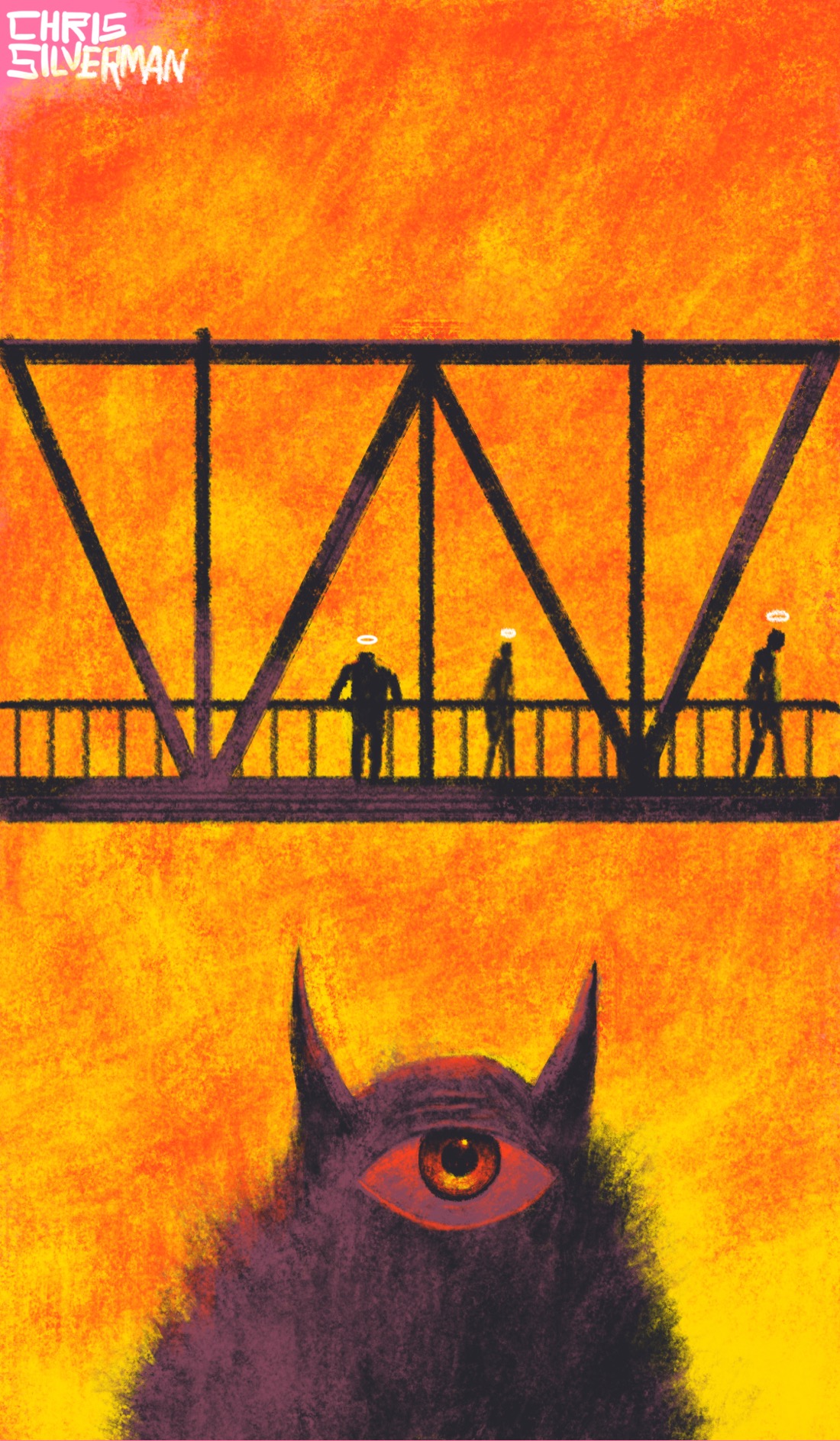 A trestle walkway with several people walking on it. Below the walkway sits a giant, house-sized monster with two horns, fur, and one red eye. The sky behind the monster and walkway is a flaming, red-yellow that suggests hell; and you notice that the people walking above have bright white halos. One appears to be leaning over the railing, looking down.