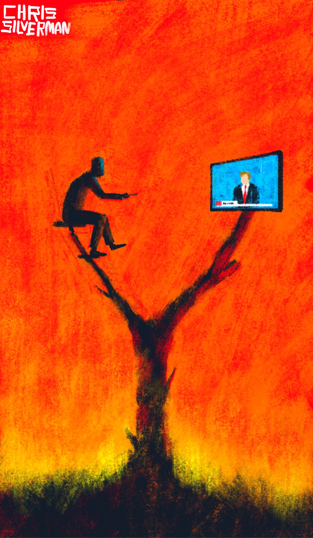 A barren, black landscape with the Y-shaped trunk of a scorched tree poking up from it. In the background are the yellow flames and red sky of a forest fire. On the left branch of the trees is a person sitting on a makeshift seat. The person is pointing a remote control towards the right branch of the tree, on which is mounted a large-screen television. The television looks like it is set to a talk show, likely one about how fine everything currently is.