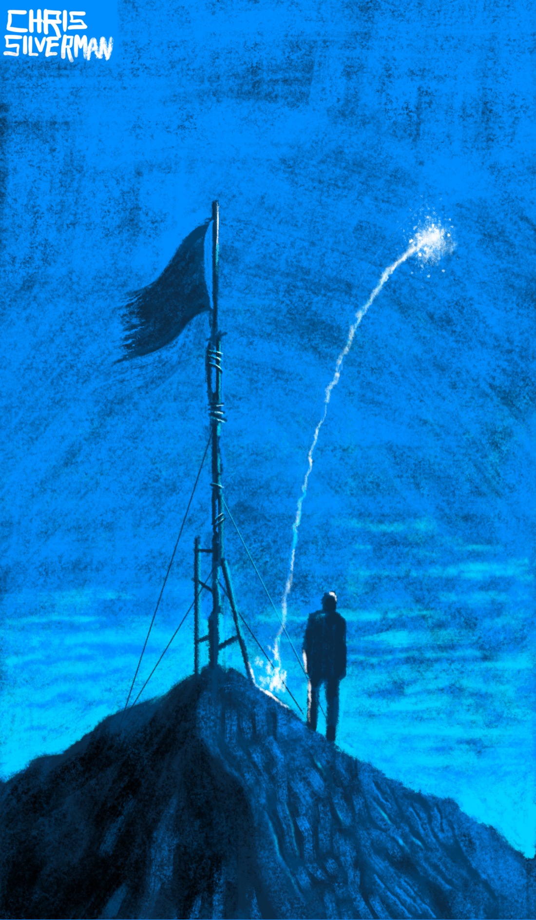 A person stands on a rocky mountain peak at sundown. At the top of the peak is a ragged flag, held together by an extremely rickety flagpole that is literally tied together. Arching into the sky is the white bolt of a firework about to explode. This is a mostly blue drawing.