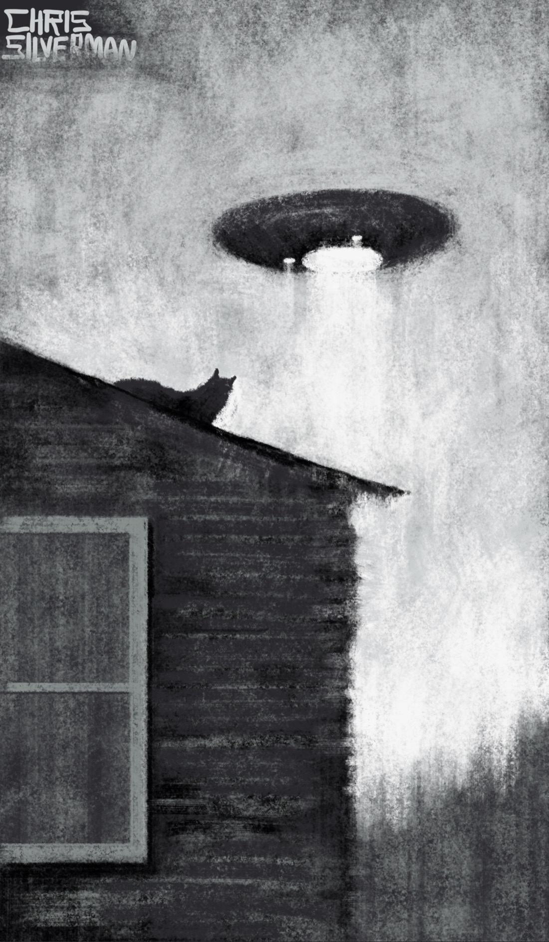 A small, weatherbeaten, wooden cabin. Only the right side is visible, including the right side of a window. Nothing is in the window. On top of the roof sits a cat. The cat is looking at a flying saucer hovering in the sky. The time of day is indeterminate; it could even be at night, although the sky looks quite bright. In the background is the blurry suggestion of a treeline. This is a monochrome drawing that looks like it was created in charcoal.