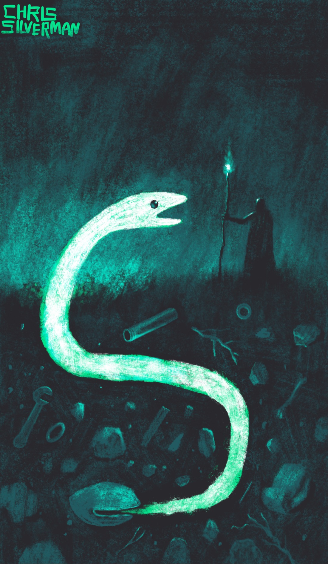 A glowing greenish-white snake emerges from a buried egg or seed, and wends its way through the soil to emerge into the world. The soil is crowded with rocks, roots, and bits of junk. The world the snake emerges into is a dark night with an eerie green glow on the horizon. Fog hangs in the air. To the right stands, a cloaked figure holding a long staff with a glowing green flame at the end of it. The figure and the snake appear to be interacting.