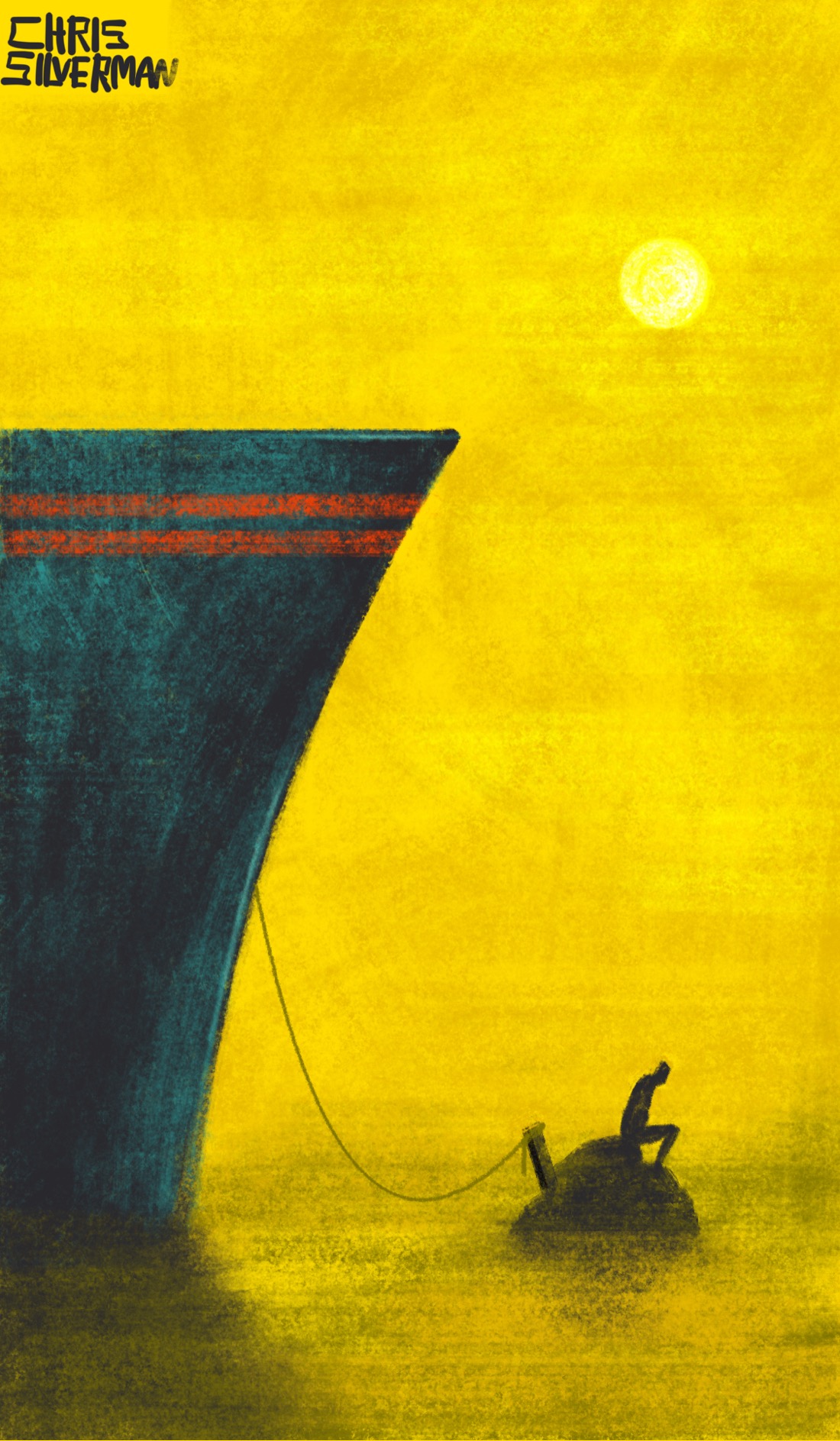 A solitary figure sits on a tiny rock in the middle of nowhere. The vast hull of a ship looming over the rock suggests that "nowhere" is the middle of the ocean. The ship, which looks like an ocean liner, is anchored to the rock by a cable tied to a small post. The sky is blazing yellow; the sun is high. The surface of the ocean fades into the horizon. This is a place that does not appear on any map.