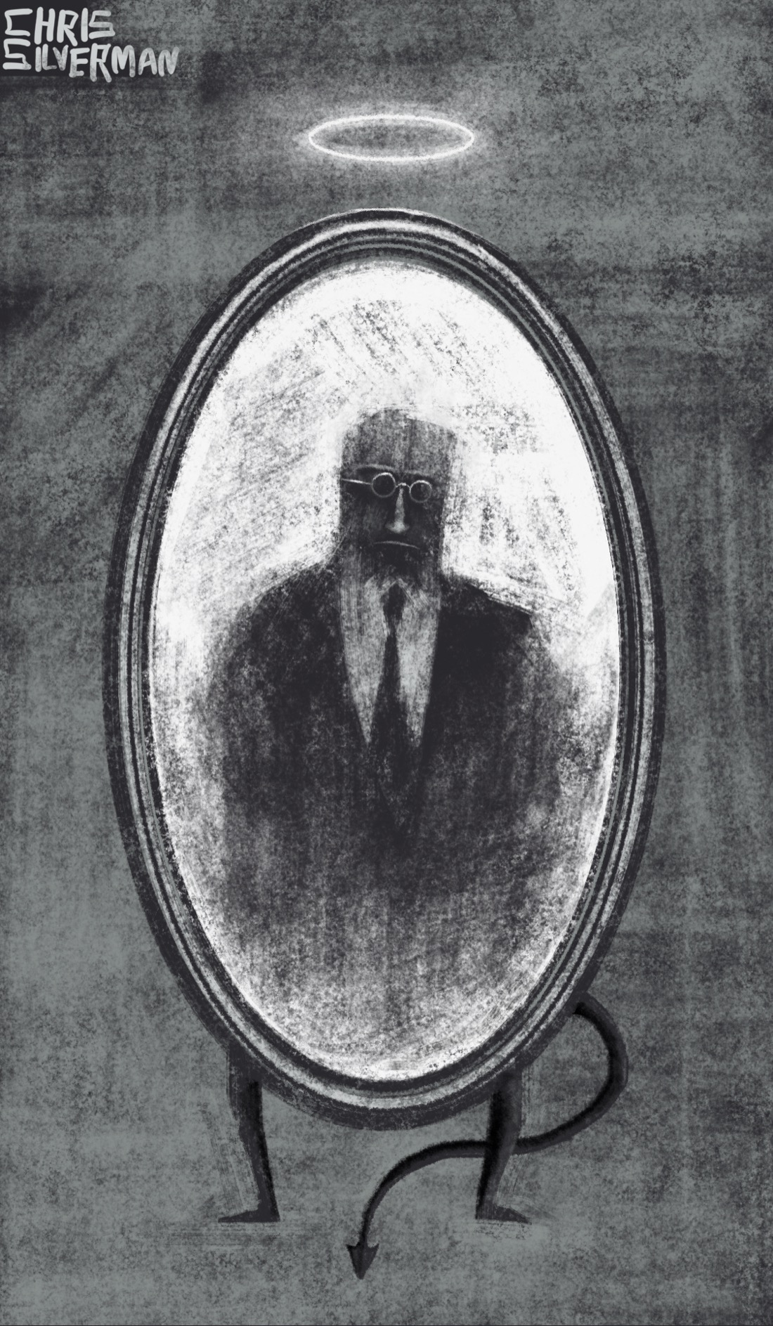 A large oval mirror in which is reflected a sinister figure in a suit and tie. The figure is wearing thin, wire-rimmed glasses. The mirror has two legs and a pointed tail, and a halo hovering above it. This is a monochrome drawing that looks like it was rendered in charcoal.