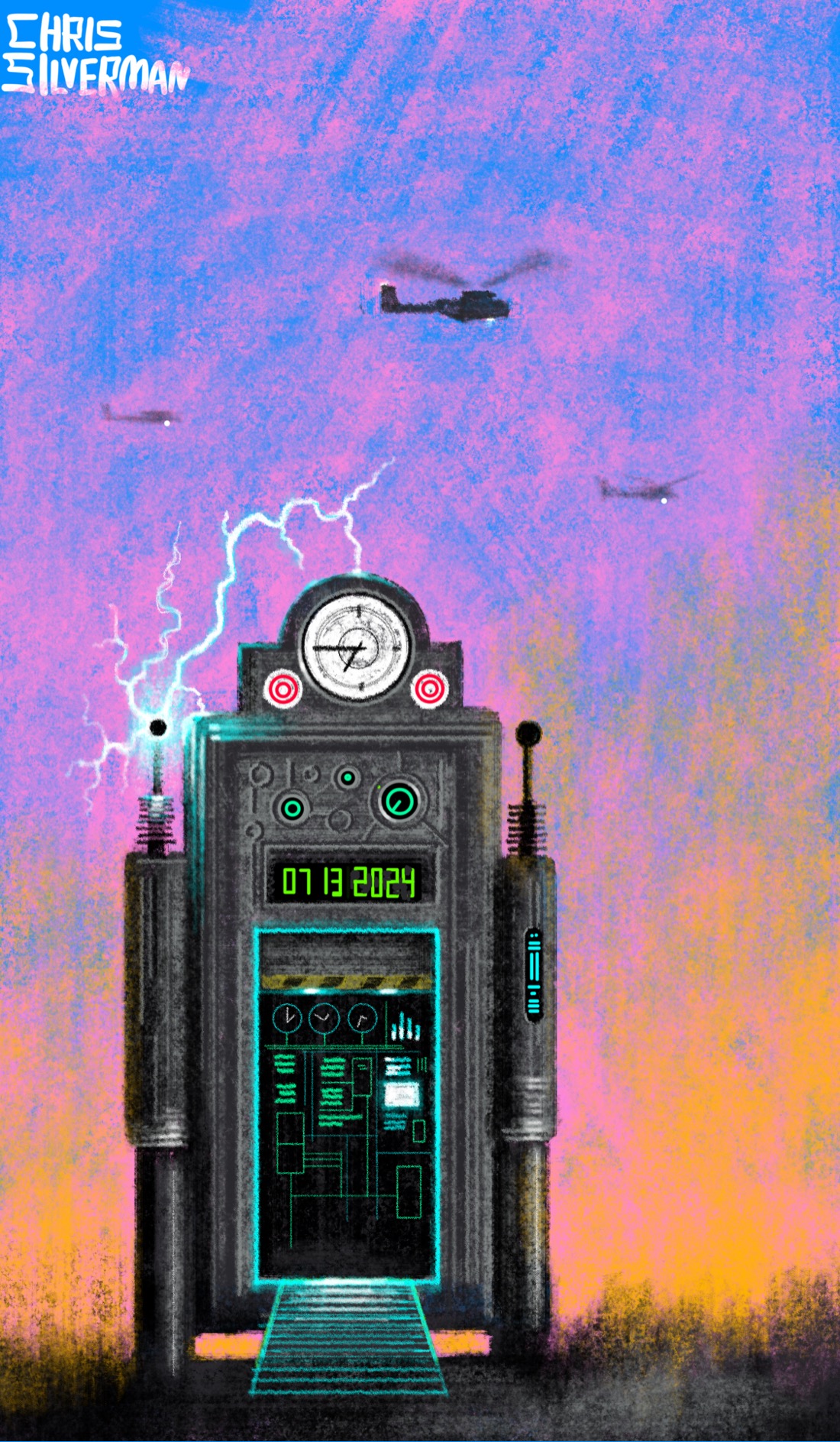 A time machine, door open, sits abandoned on the ground. It's an odd looking device: large, bulky, and mostly a metallic gray. It has a glowing blue border around the door, an interior filled with glowing green controls, and a large analog clock at the top set to 6:44. A digital display above the door reads "07 13 2024" in bright green numerals. It has an electrode on either side; the right side electrode has bolts of electricity arcing from it. Behind it, the sky is the pinkish-gold of sunset. The ominous presence of several helicopters implies that this is not just any July evening.