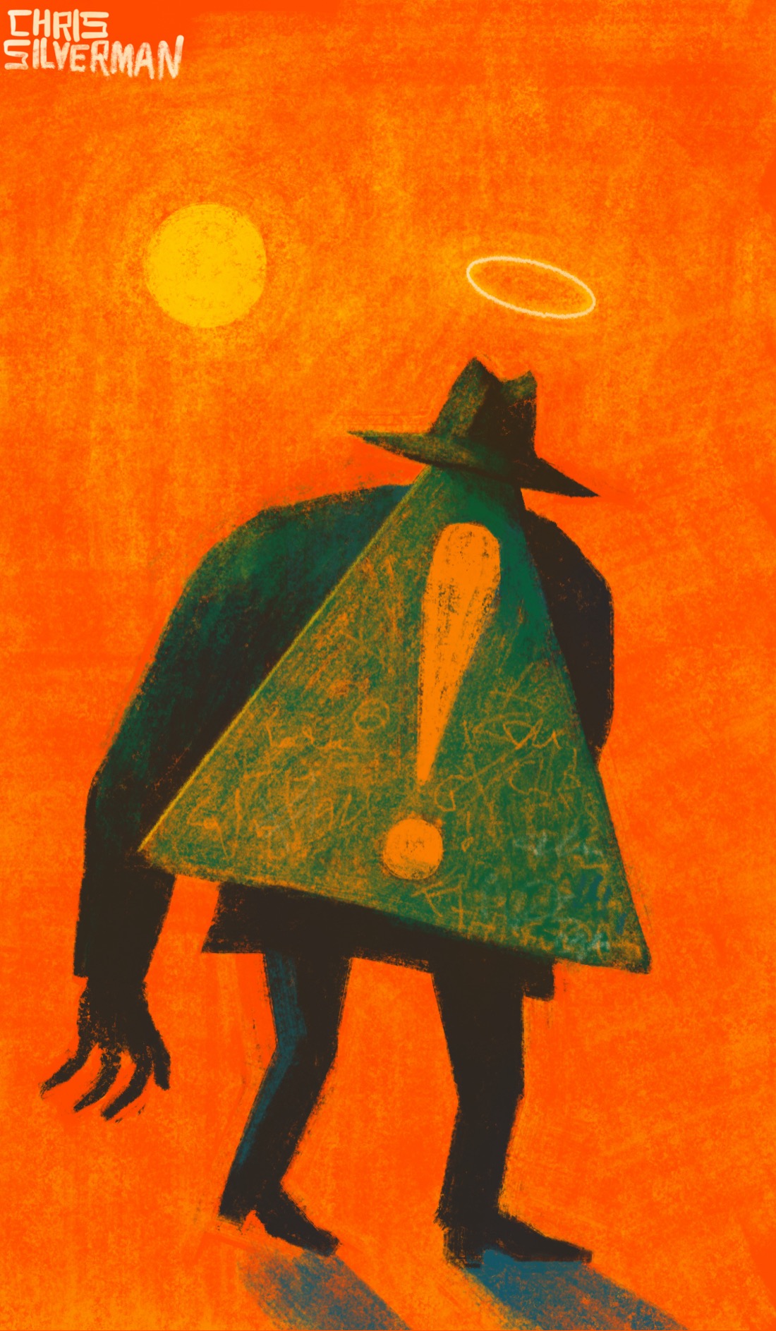 An odd, shambling figure wanders in a barren orange desert-like space. The figure has a disproportionately long arm, like that of an ape, and appears to be wearing pants, a coat, and the sort of fedora that guys wore in the 1950s. The entire front of the figure is covered by a large triangular greenish sign with a yellow exclamation point on it. A yellow sun hangs in the sky. The figure has a halo hovering above the hat.