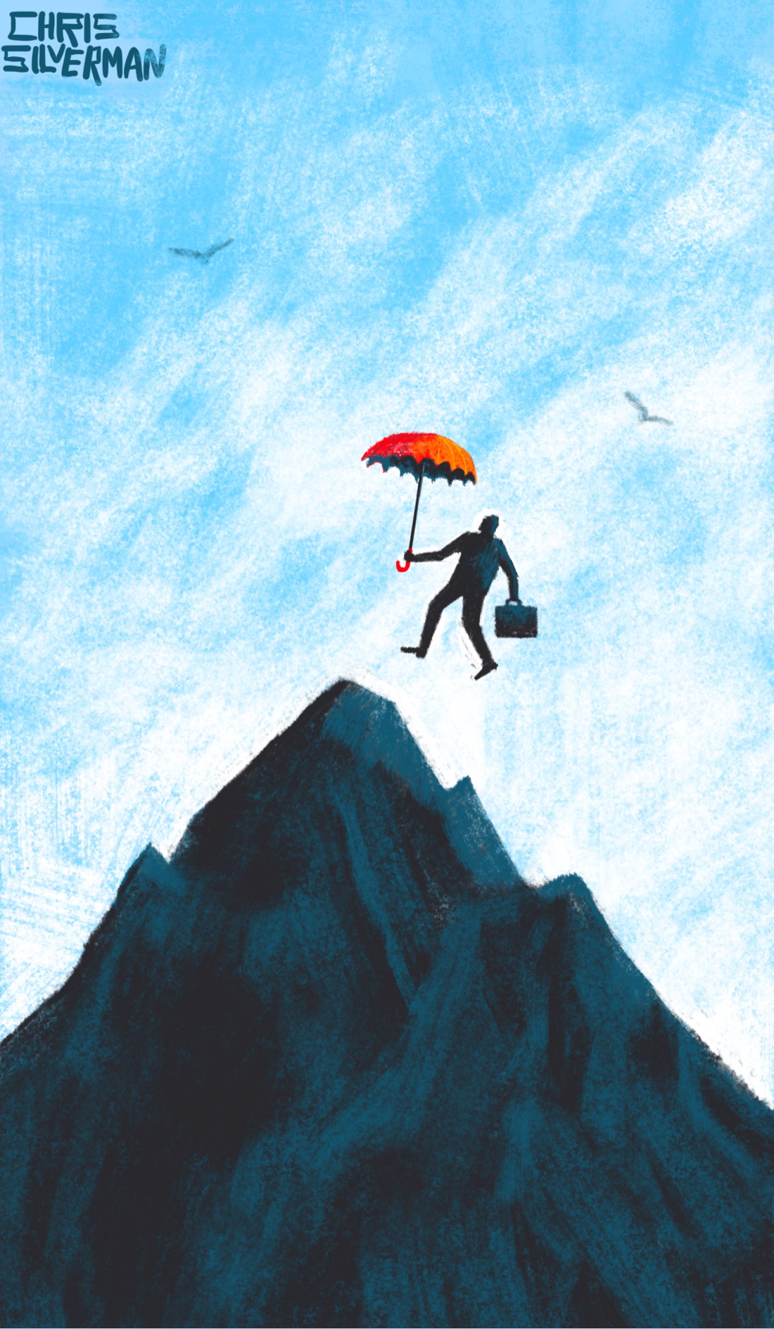 A craggy mountain peak set against a blue sky with white clouds. Descending from the sky onto the peak is a person holding a red umbrella and a suitcase. The person does not have any visible means of flying in the air, other than the umbrella, which might be a parachute or even some magical device, similar to the umbrella carried by Mary Poppins. A few birds circle in the sky.