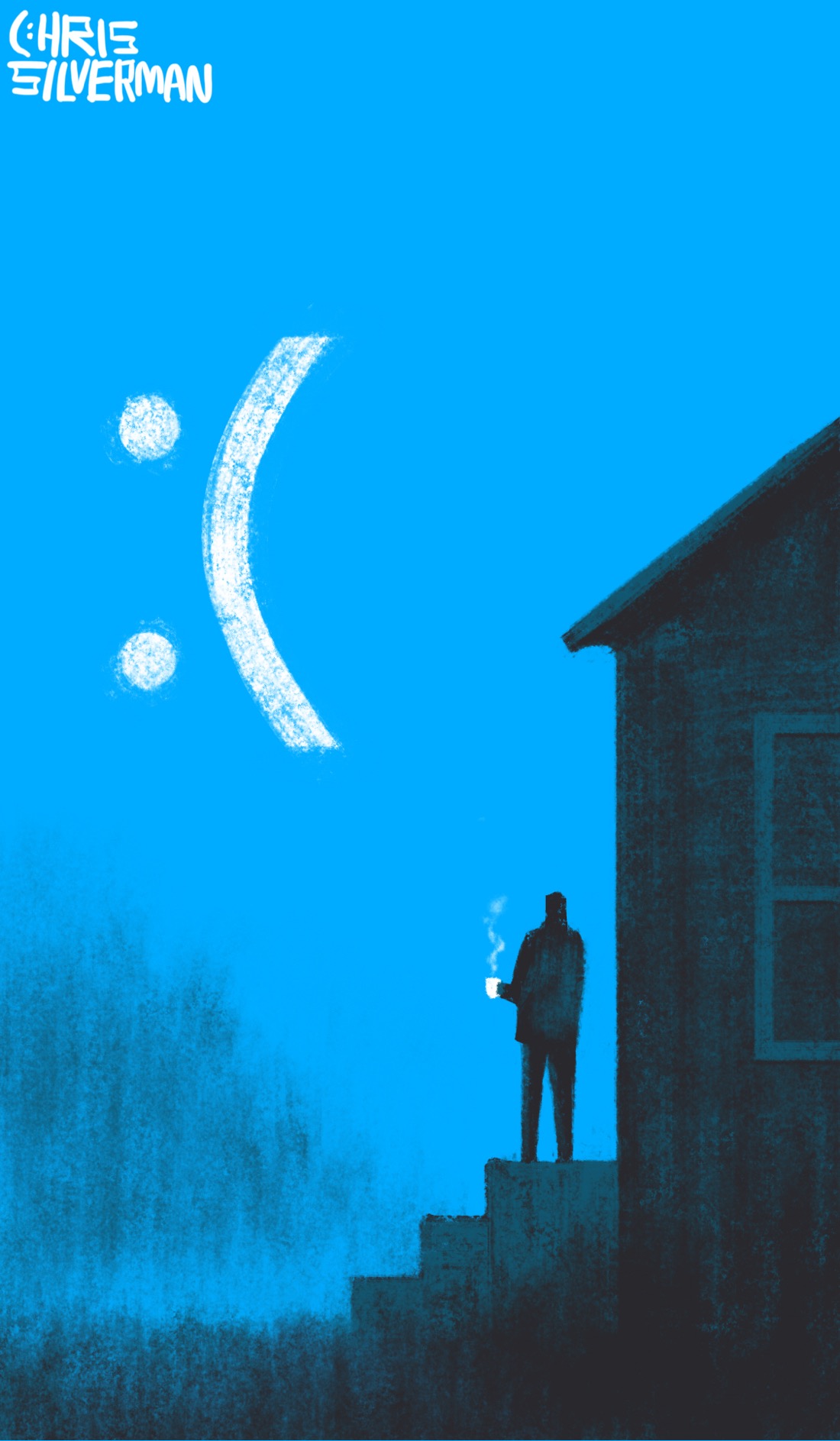 A person stands on the porch of a small house in early morning. The person is holding a cup of coffee and looking at the sky, or where the sky should be. The sky is the blue of a Windows "blue screen of death"; a giant white frowny-face hovers like a celestial object. It is going to be a Day. It is going to be several of them.