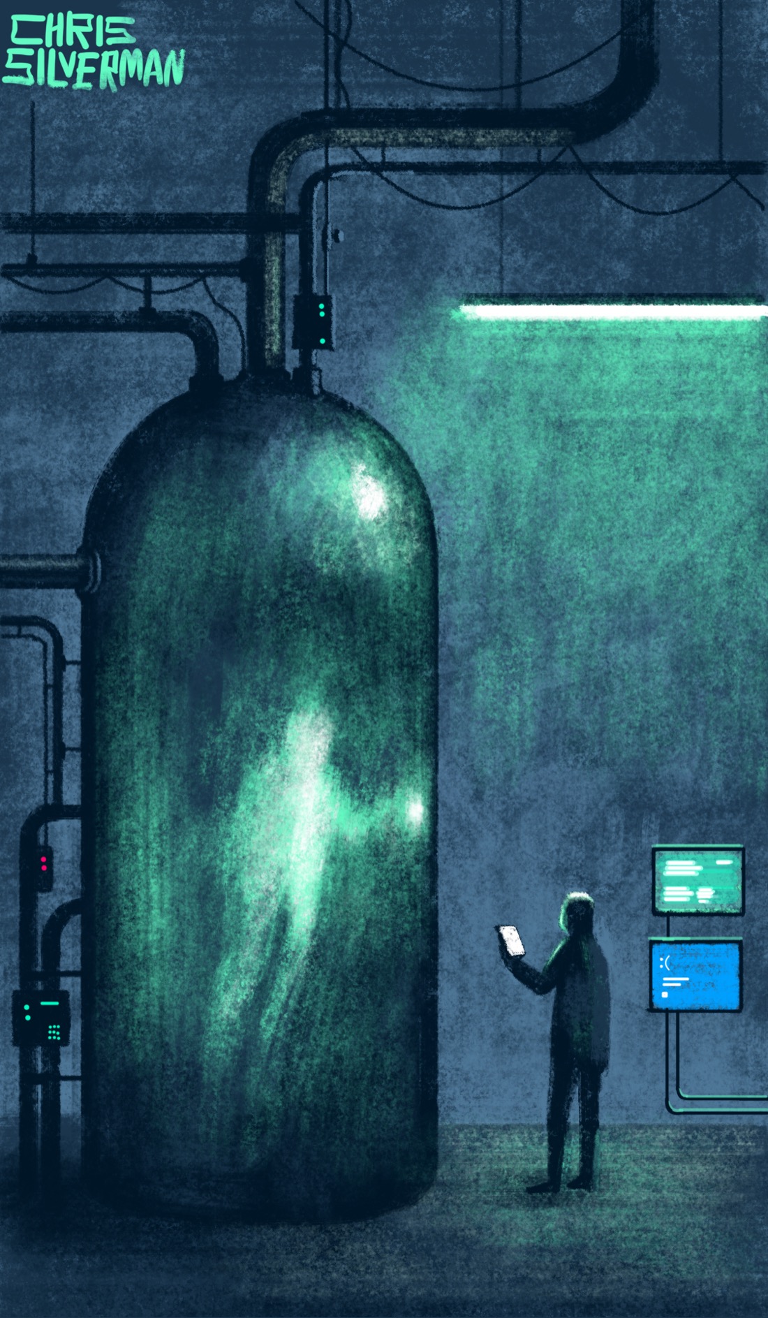 A dark, dingy laboratory with a high ceiling and pipes running along it. To the left, dominating the room, is a huge vertical glass tank with a rounded top that looks sort of like a wine bottle without a neck. Suspended in the tank, one glowing hand pressed against the glass, is the blurry form of a fluorescent greenish humanoid shape. A person stands to the right of the tank, looking at a glowing white tablet. Above, a long fluorescent bulb casts a lurid green light over the scene. Two computer monitors are bolted to the wall. One is displaying a green screen; one is displaying a blue screen. Guess which one is running Windows.