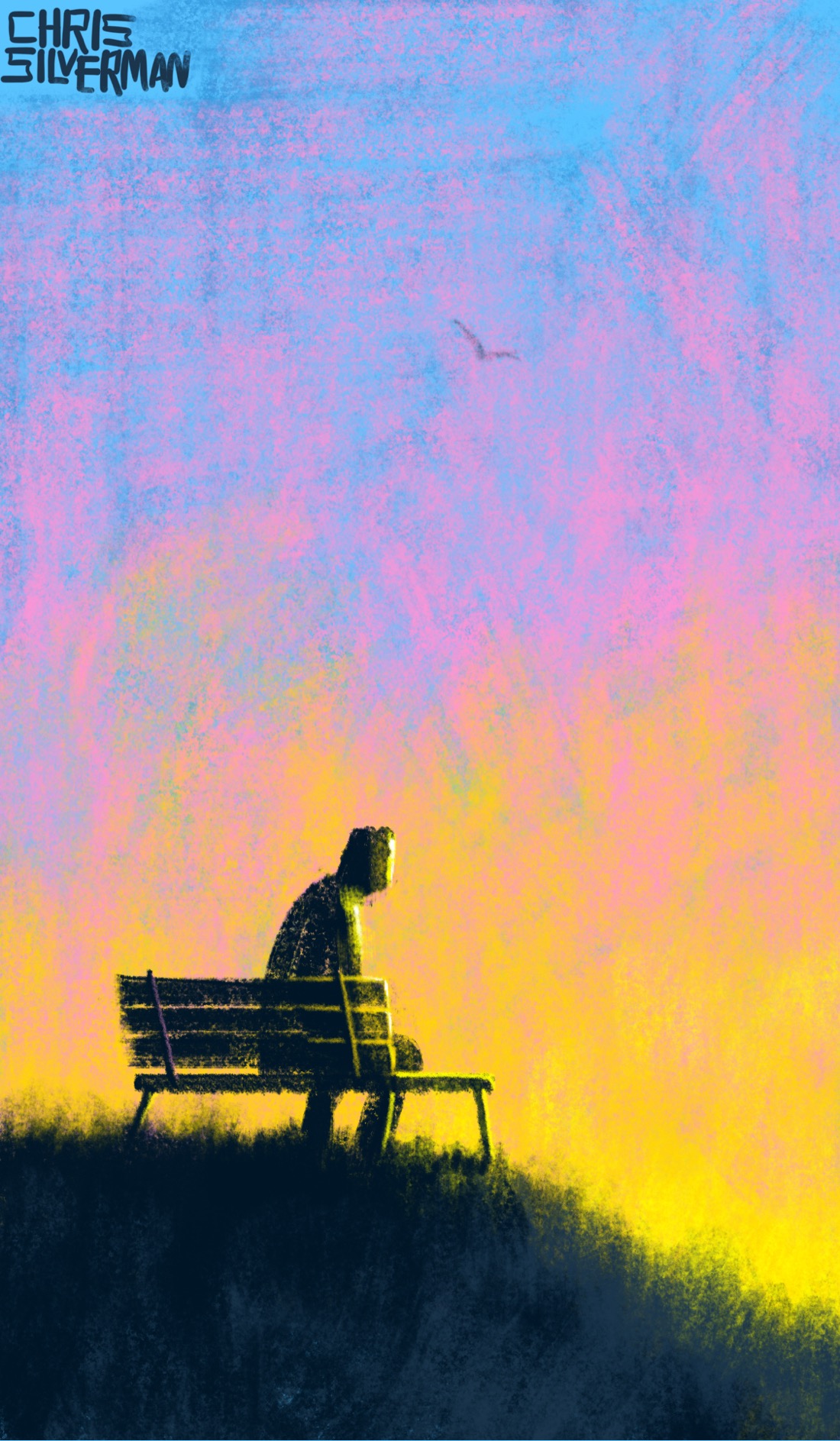 A person sits alone on a park bench on a small hill, looking at what is either a sunrise or a sunset. The sky is pink fading to blazing yellow. A single bird wheels in the sky.