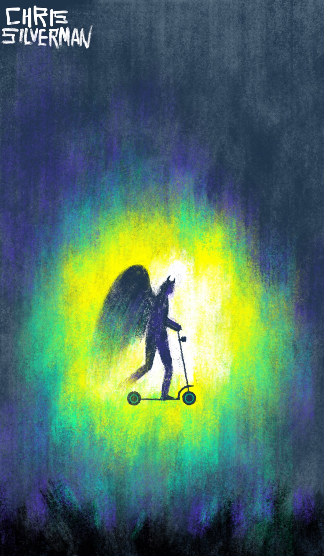 A strange, dark environment: a ground that has things that look like tree stumps poking out of it, an oppressive gray sky. Hovering above the ground is a blaze of greenish-yellow light. It looks like a portal through which a horned figure with angel wings is emerging, riding one of those razor scooters. The objects on the ground dully reflect the bluish-green, indigo-accented light.