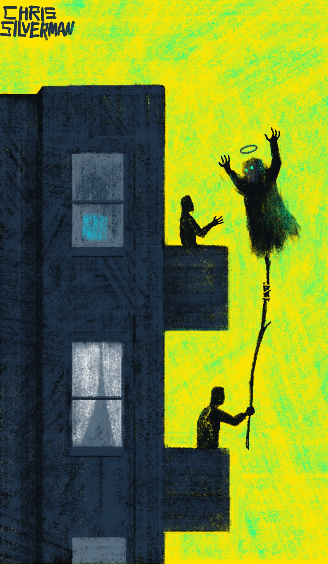 The topmost and second-topmost balconies on a tall apartment block, set against a greenish-yellow sky. On the lower balcony, a person is operating a large black puppet attached to a rickety-looking stick. The puppet looks like a ghost, with a black halo hovering over its head and green eyes. Its arms are upraised. The person is holding the puppet up, so it is directly level with the top balcony, and someone on the top balcony is looking at it, hand out as though in shock.