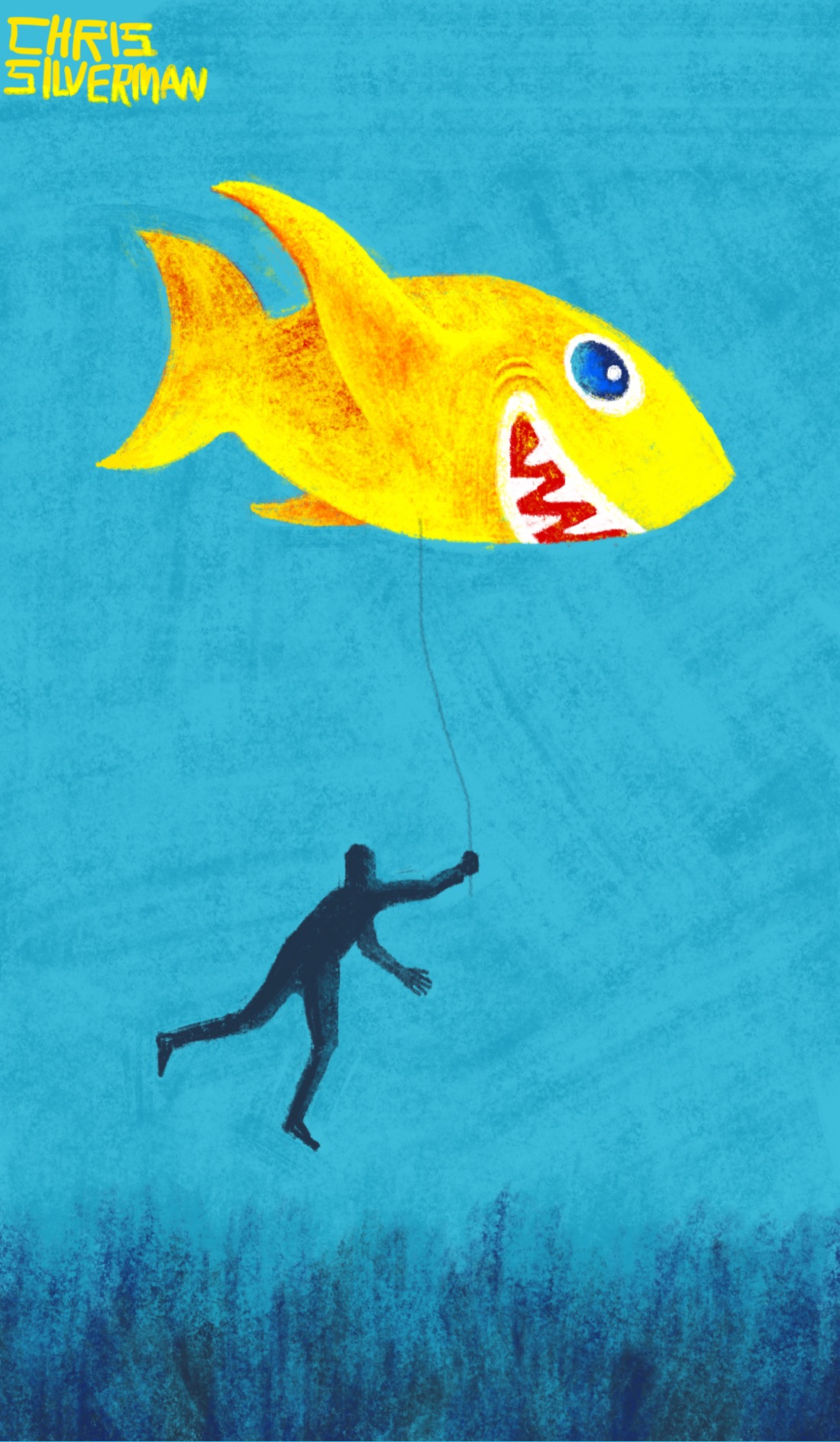 A scene that could be either a meadow or something underwater. A large yellow fish with a red mouth like a shark soars over a meadow of bluish grass. The fish looks like it is an inflatable balloon. Dangling from it is a string. Holding onto the string is a person about half the size of the fish. The person is dangling above the grass, or the underwater weeds, whatever they are. The background of the drawing is an eerie blue.