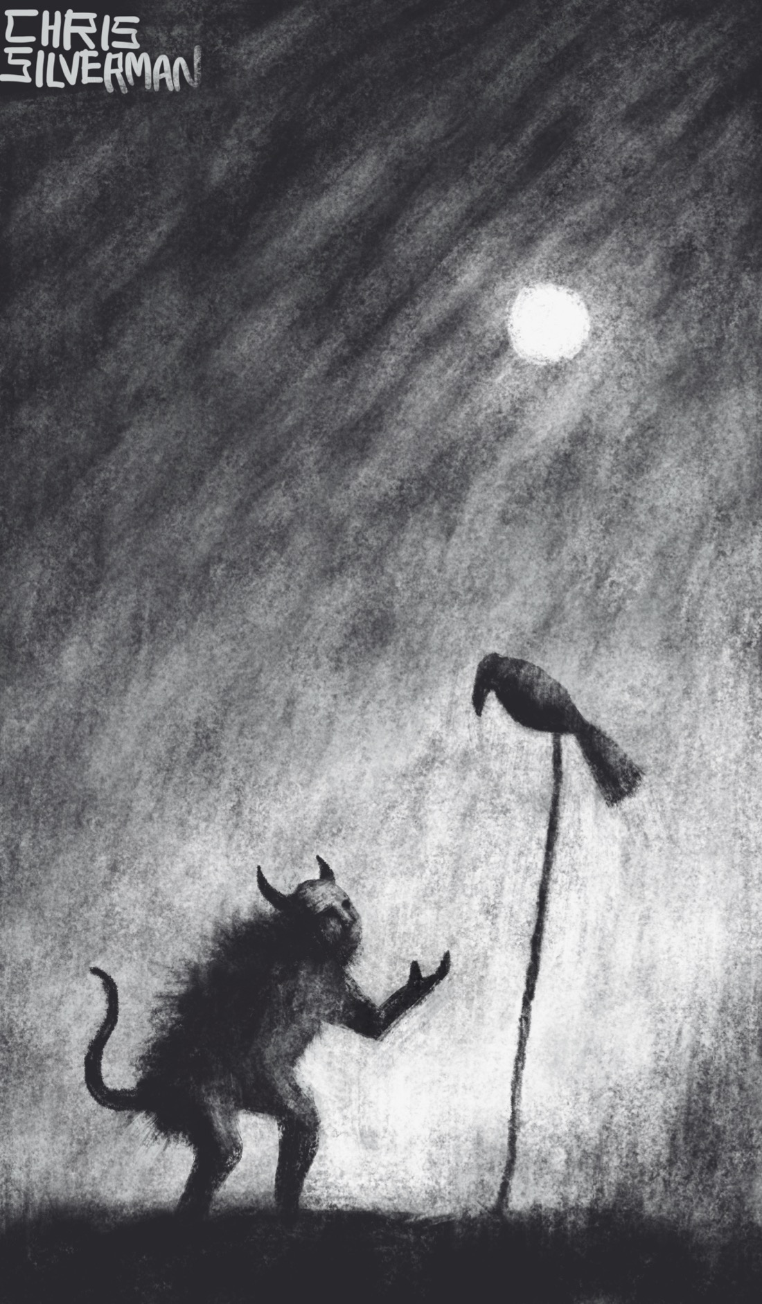 A scene at night. The full moon hangs in the sky, casting light on rows of clouds. A creature with fur, horns, and a tail holds a hand out towards a large raven perched on a pole. The scenery is barren and indeterminate. This is a primarily black-and-white drawing that looks like it was rendered in charcoal.