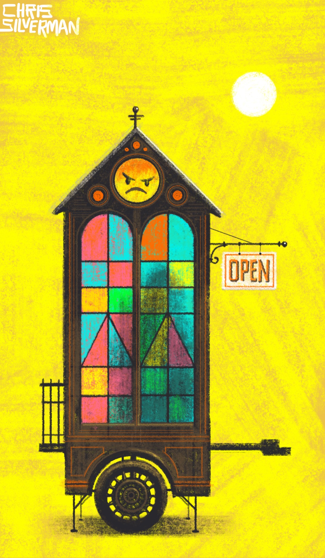 A tall, narrow building with a pointed roof, about the size and shape of an outhouse. The building is actually a trailer, with a single wheel and a small balcony in the back. It is brown, with orange pinstripes. Most of the side is taken up with two colorful stained glass windows. Above the windows is the Facebook "angry face" emoji. Hanging on the right side of the trailer is a small sign with "Open" in red letters. Inside the trailer is a large shape; a blurry silhouette seen through the glass. The sky and the background are yellow, with the sun hanging high in the sky.