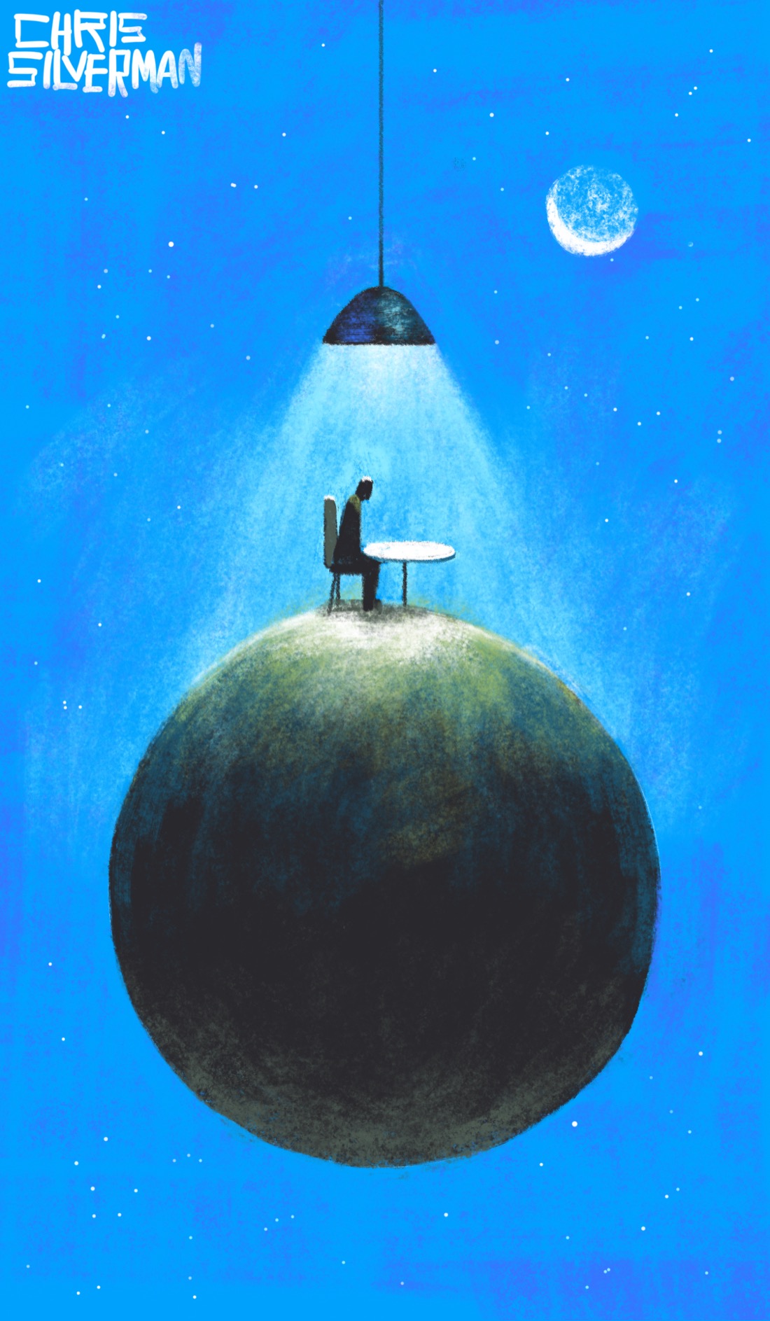 A person sits on a dark, planetlike sphere hanging in a blue, starry sky. The sphere is about the size of a small house relative to the person. The person is sitting at a small round cafe table, illuminated by a ceiling lamp hanging from above. What the lamp is attached to is not clear. In the sky to the right is a crescent moon.