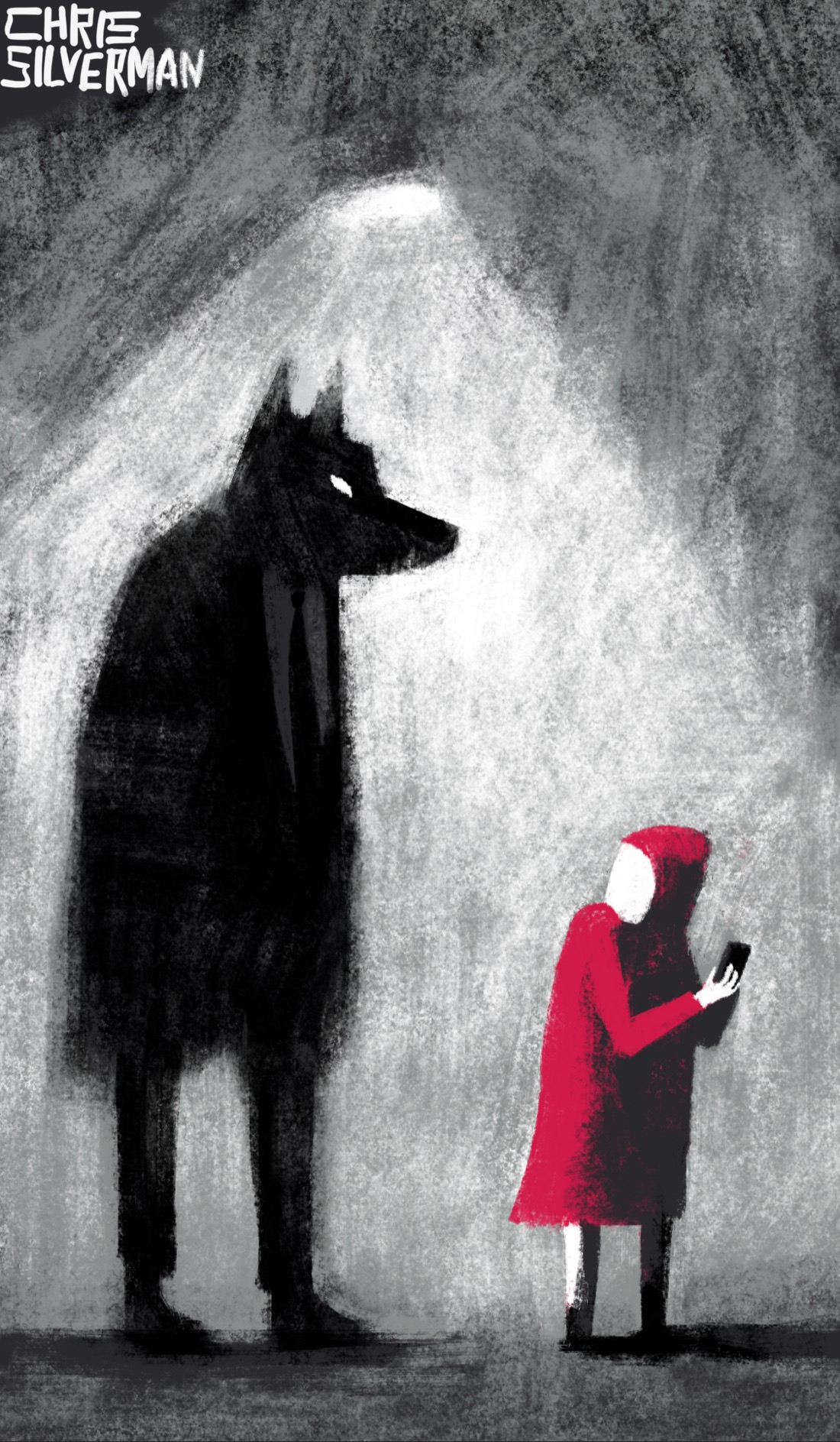 A painting of the wolf and Red Riding Hood. The wolf is a tall, looming, humanoid figure standing on two legs, wearing a suit and tie. It looks like a tall man in a suit with a wolf's head and a white eye. Red Riding Hood, much shorter, stands to the right. She is holding her phone in front of her and turning to look over her shoulder at the wolf as though he has surprised her. Red Riding Hood is wearing a red dress and hood, but has no face; just a white blank where her face would be. They are both standing under a blazing streetlight. The background is blurry gray.