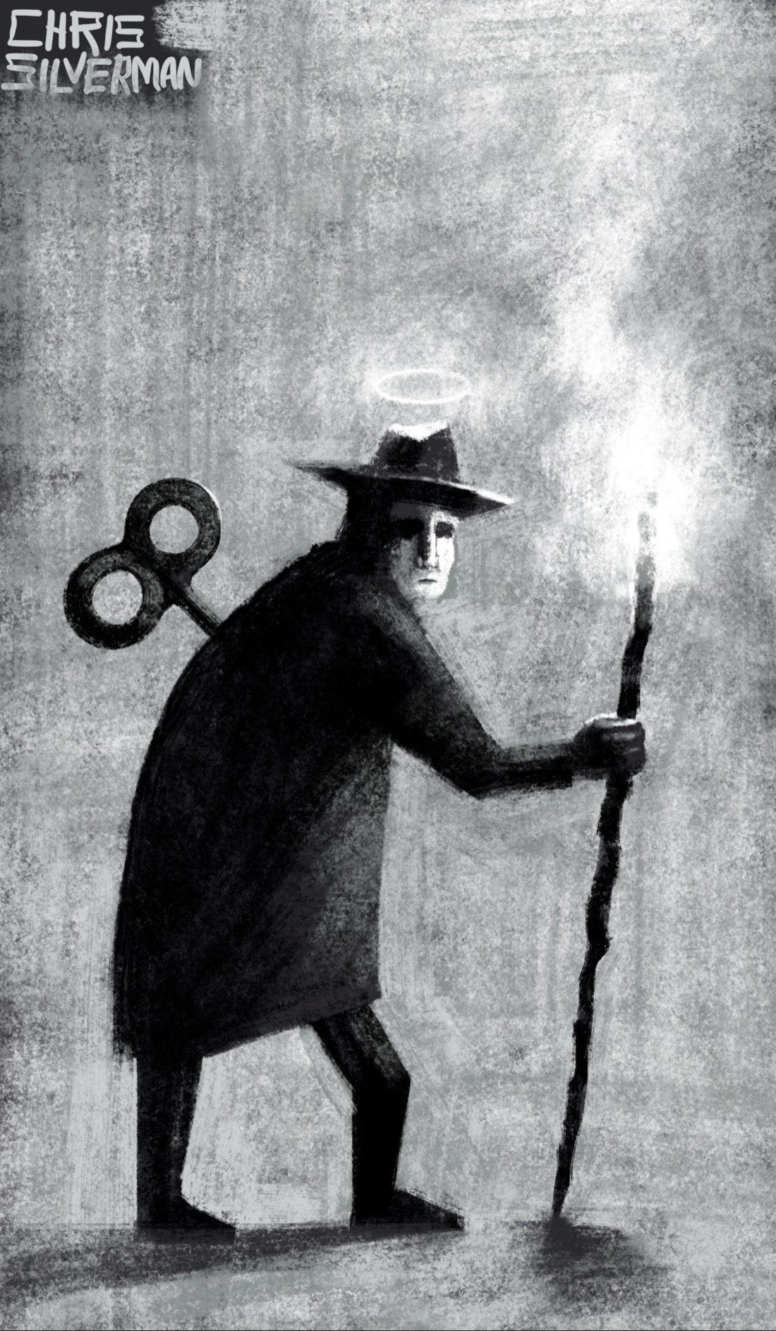 A monochrome painting of a person wearing a black coat and fedora. The person has a white face and is looking over their shoulder at the viewer. They are holding a staff flaming like a torch at the top end. There is a clock key sticking out of their back, as though they are a windup toy. A white halo hovers over their head.