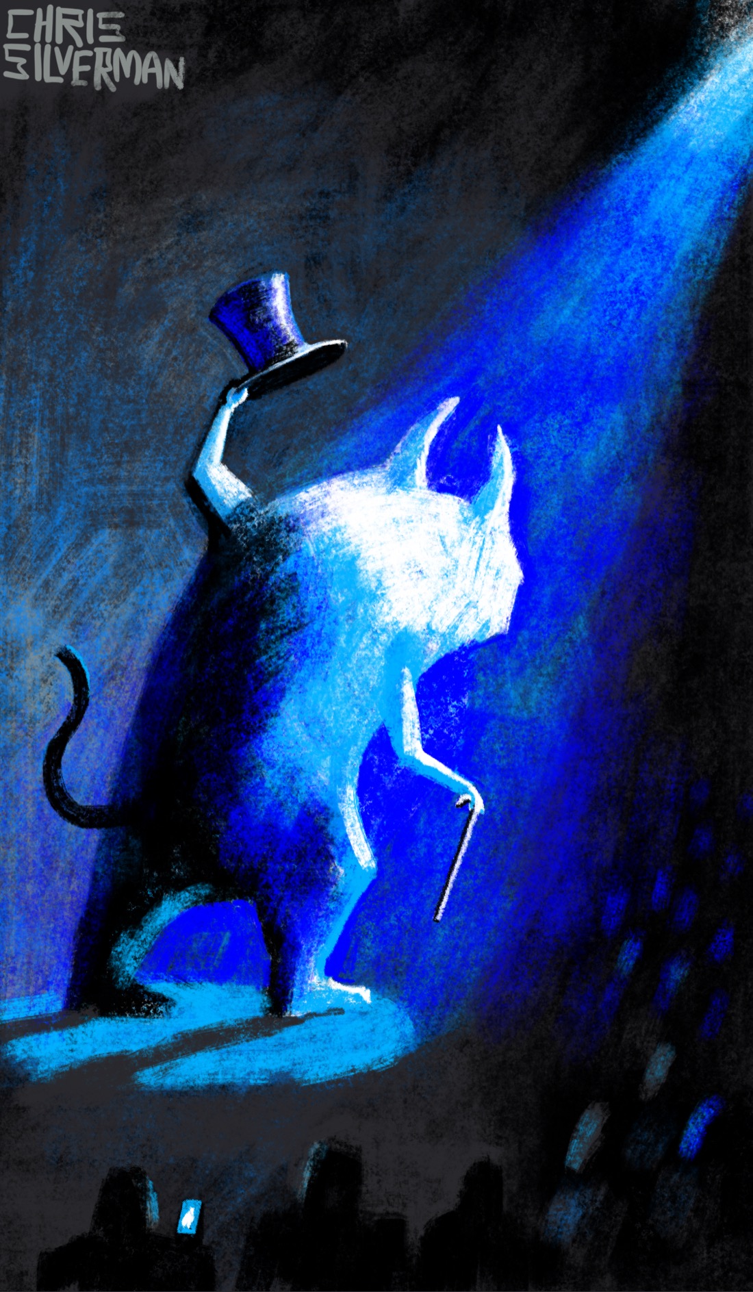 A large monster with two horns and a tail stands glowing white in a blue spotlight. The monster appears to be performing, holding a top hat up in its left hand and a cane in its right. It is surrounded by a crowd of people, at least one of whom is holding a phone. The surrounding theater area is dark.