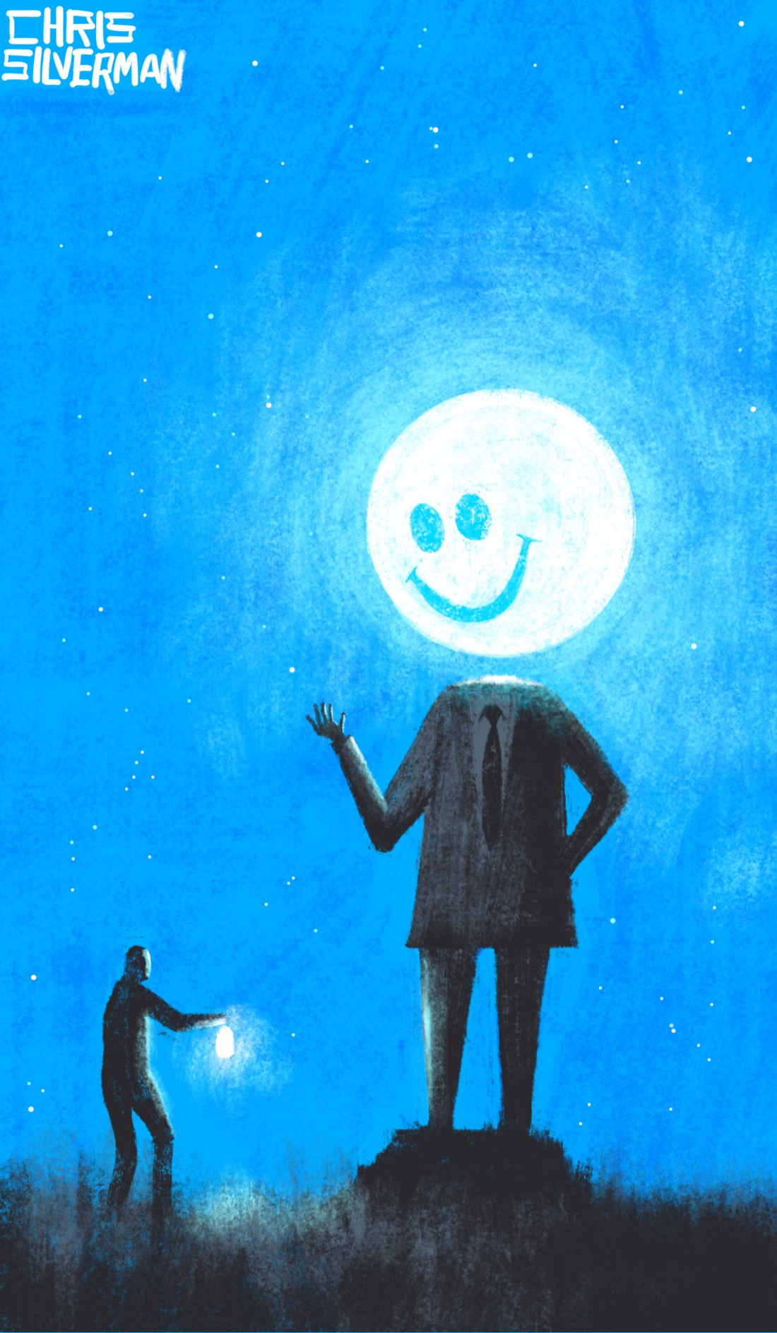 A person holding a lantern walks across an open field at night under a clear, starry blue sky. The person is approaching a large statue of a person wearing a suit and tie, hand extended as though giving a speech. The statue has no head; in place of a head is a large, glowing white moon-like smiley-face hovering above the statue.