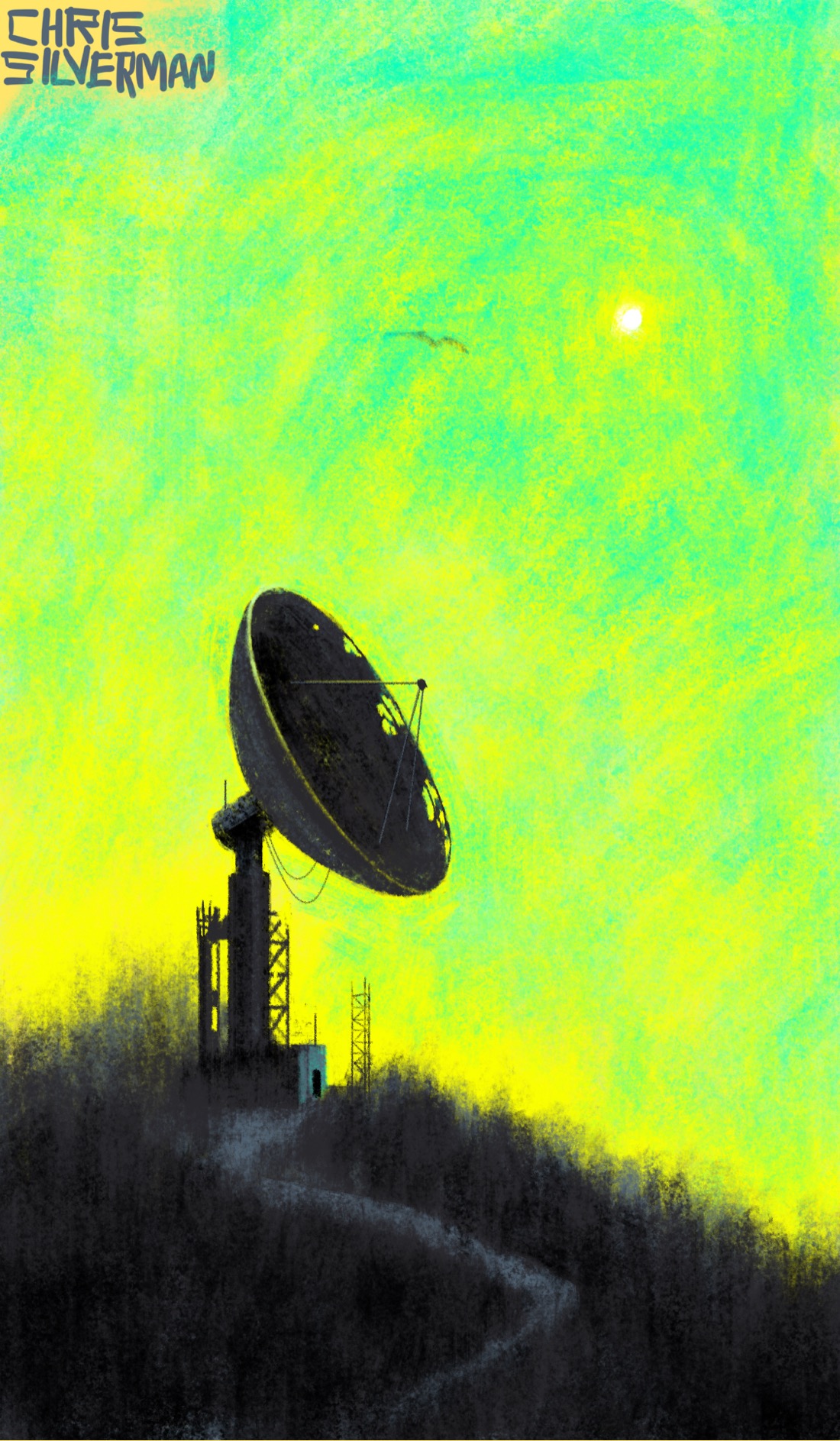 A lonely, wooded mountaintop under a greenish-yellow sky. Blazing in the top right of the sky is a white dot: not the moon, not the sun, something else. A small gray path winds up the mountain. At the top of the mountain is a crumbling, abandoned radio installation: a small shack and a large dish on a tower. A single bird is in the sky.