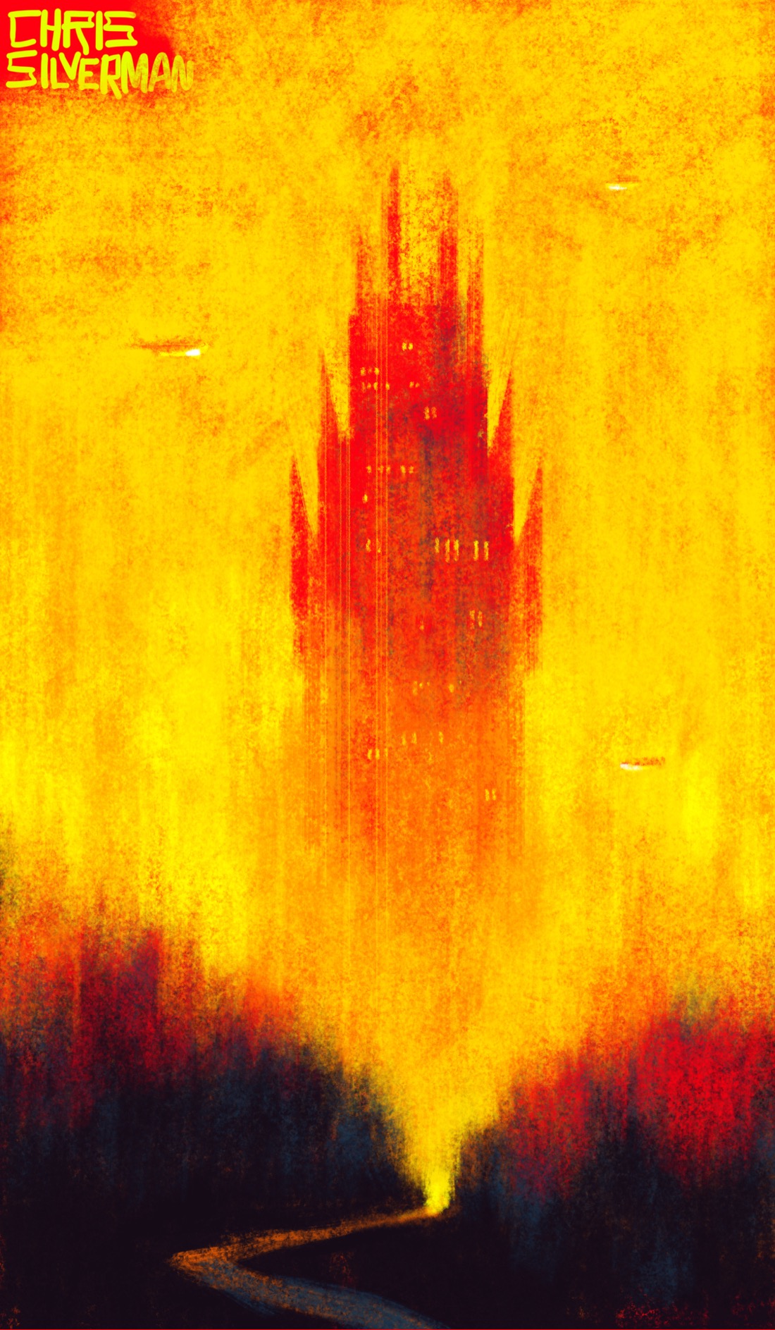 A huge red tower with hornlike turrets rises from behind two dark hills covered with trees. Cutting between the hills is a small curving road. Most of the hills are in shadow, but the trees at the top are flaming red, caught in red sunlight. The sky is blazing yellow, with no sun visible. Hovering about the tower are small reddish blips that suggest aircraft. Such an infernal vision can only be born of the dismal labors of SATAN, whose awful Clutches know no Bounds.