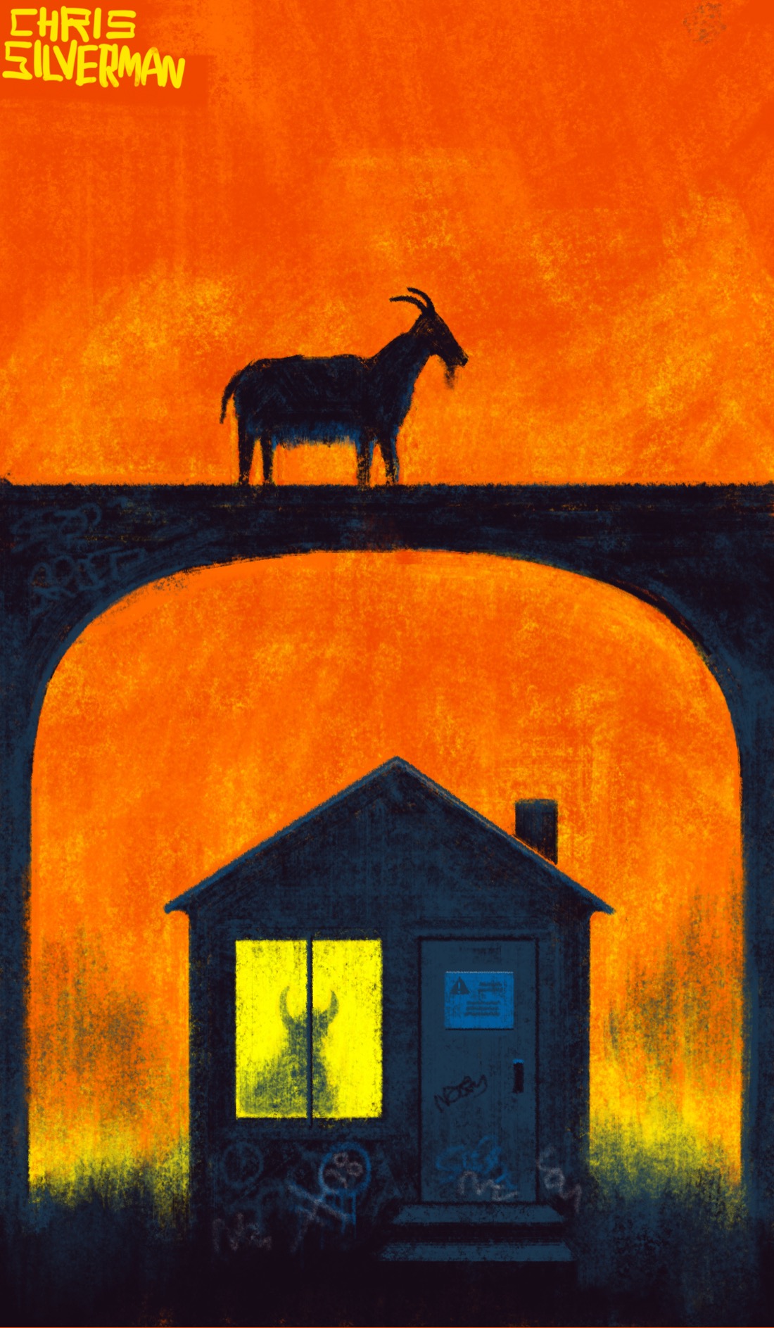 A tiny house with graffiti on the front, a small door with a warning sign, and a single large window through which can be seen the silhouette of a horned figure. The house is under the arch of a bridge that looks like an aqueduct. Walking across the bridge, above the house, is a billy goat. The sky is the red-orange of sunset.