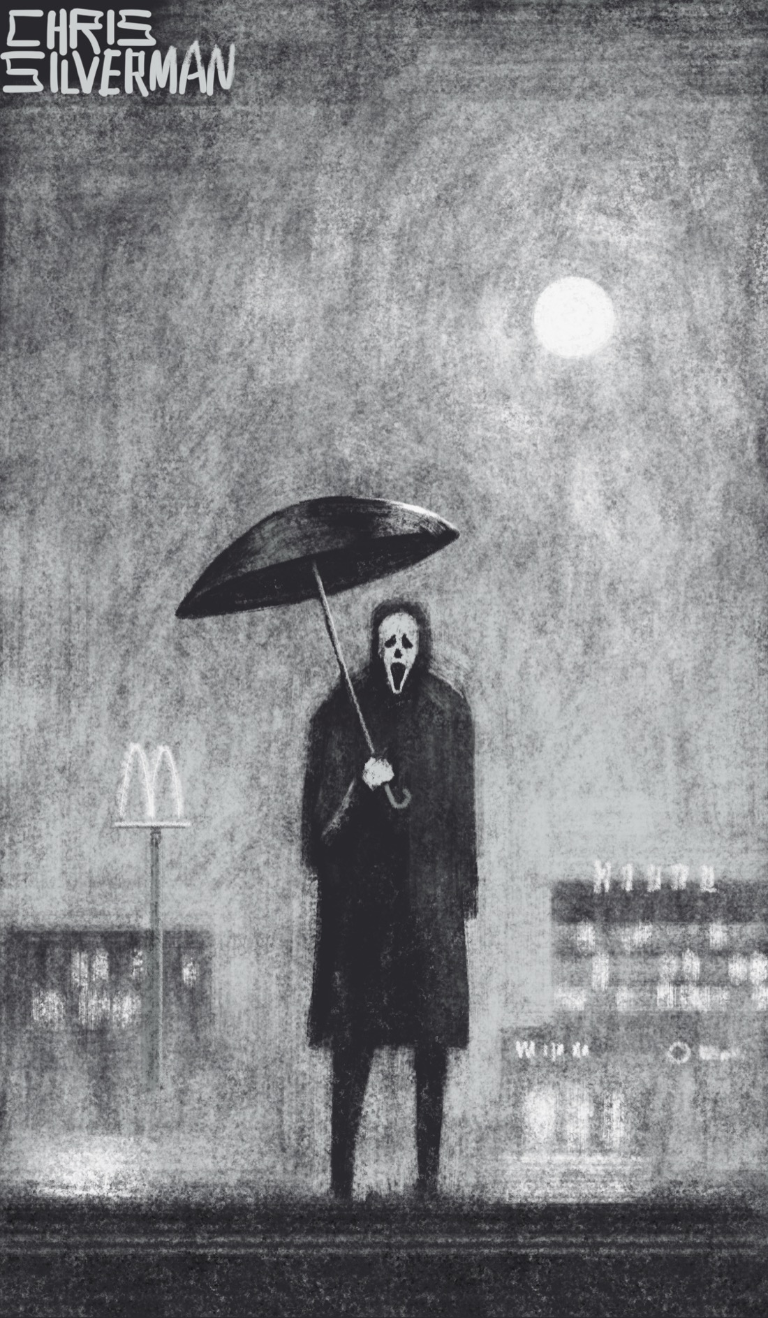 A monochrome, charcoal drawing of a dark figure wearing a long black coat and holding a black umbrella. It stands by the side of the road, buildings in the background. Most unsettlingly, the figure is wearing a ghost mask from the Scream film series. The buildings in the background look like shopping centers and fast food places; the McDonalds logo can be seen. This is at night, the full moon high in the sky. Unlike most of the other stuff I post on here, I didn't imagine this; I saw this person standing by the side of the road while driving home tonight.