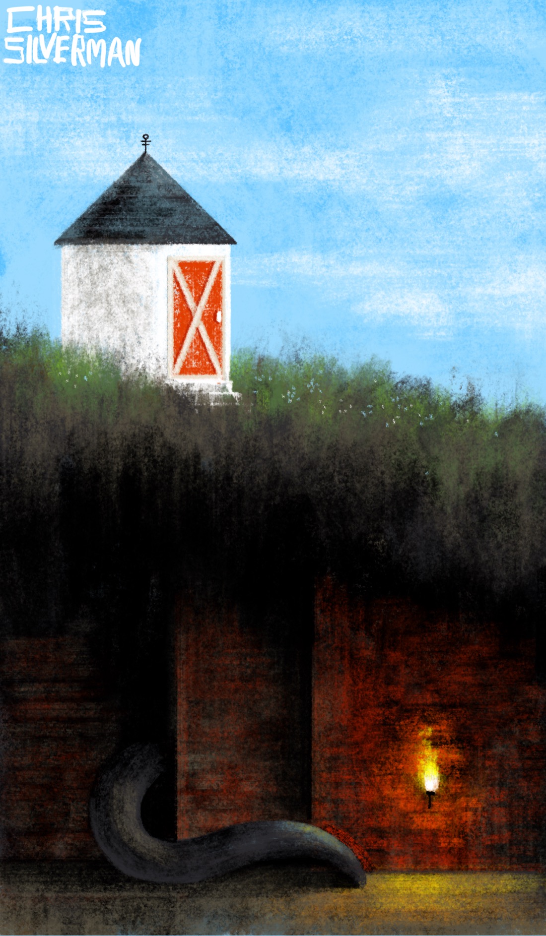 A small round building, white, with a pointed dark roof, sits in the middle of a grassy meadow on a clear blue day. It has a red door with two crossed boards on it, like a barn. Below the building, below the earth, is a subterranean room with brick walls. A single torch burns in the gloom. Snaking from behind one of the walls is a giant gray tail.