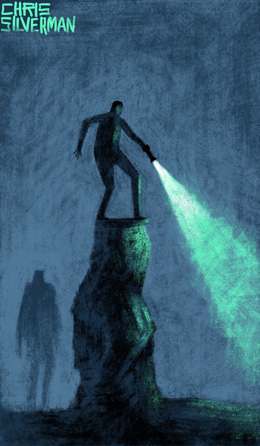 A dark gray scene. Perched on top of a misshapen tower of what looks like rock stands a figure, clearly agitated, pointing a flashlight down to the right of the drawing. The beam of the flashlight is a glowing fluorescent green. In the background on the left, dim but unmistakable, another blurry figure is approaching.