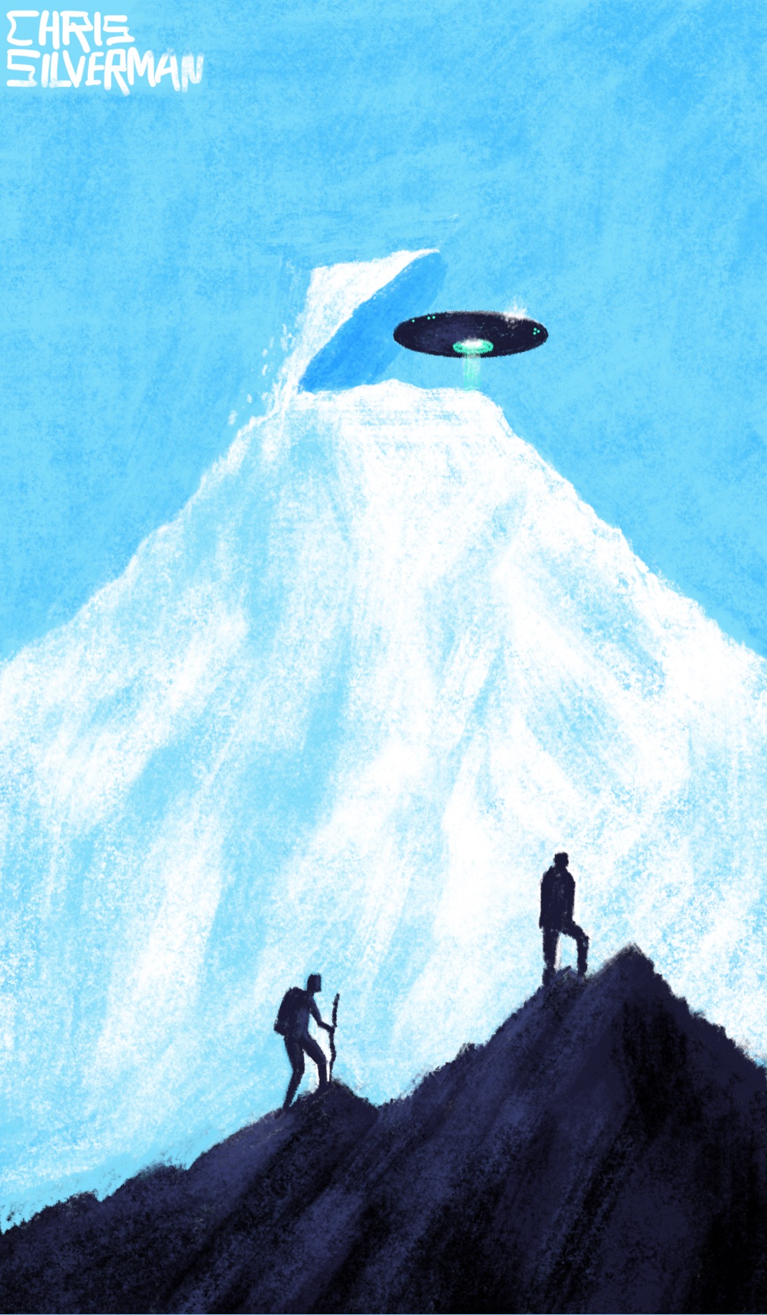 In the foreground, two figures climb a jagged black mountain peak, arriving at the summit. In front of them looms a vast white mountain, something on the scale of Everest. The very tip of the mountain has swung up to the left side like a lid, and a flying saucer has emerged from within the mountain. The sky is a clear blue.