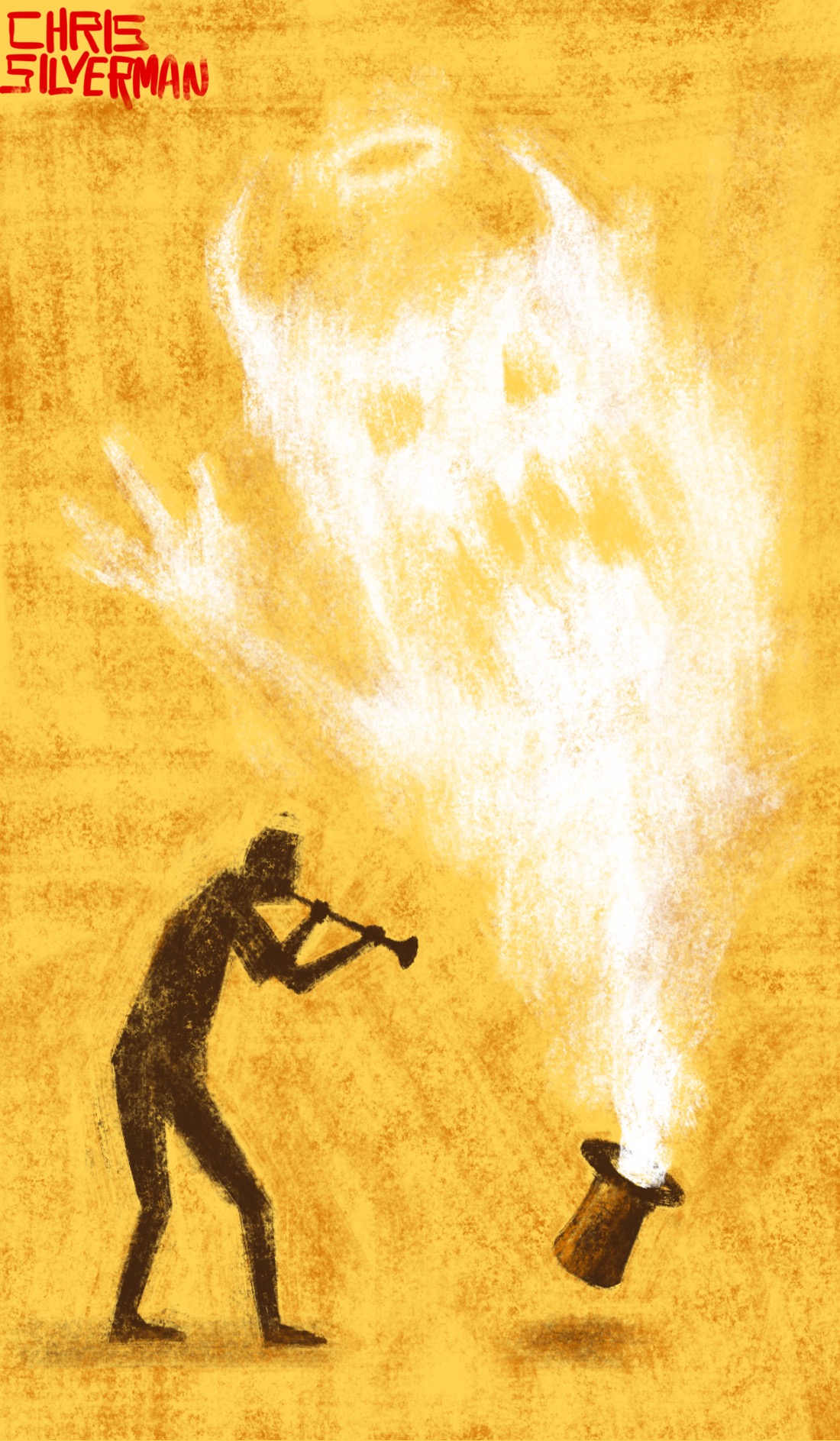 A person plays a horn while in front of them, a white ghostlike apparition gushes out of a top hat, seemingly summoned by the horn. The apparition has two horns and a halo, one hand upraised. This is a mostly yellow drawing, with the hat and person drawn in dark brown.