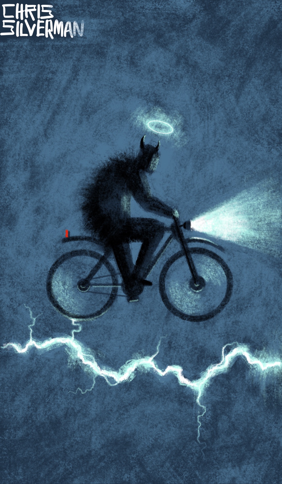 A hairy, horned figure on a bicycle pedals madly through a heavy, gray sky. The bicycle is flying above a thick, spiky lightning bolt that is positioned horizontally, like a road. The bike has a light on the front, casting a greenish light. The figure has a glowing greenish halo above its head.