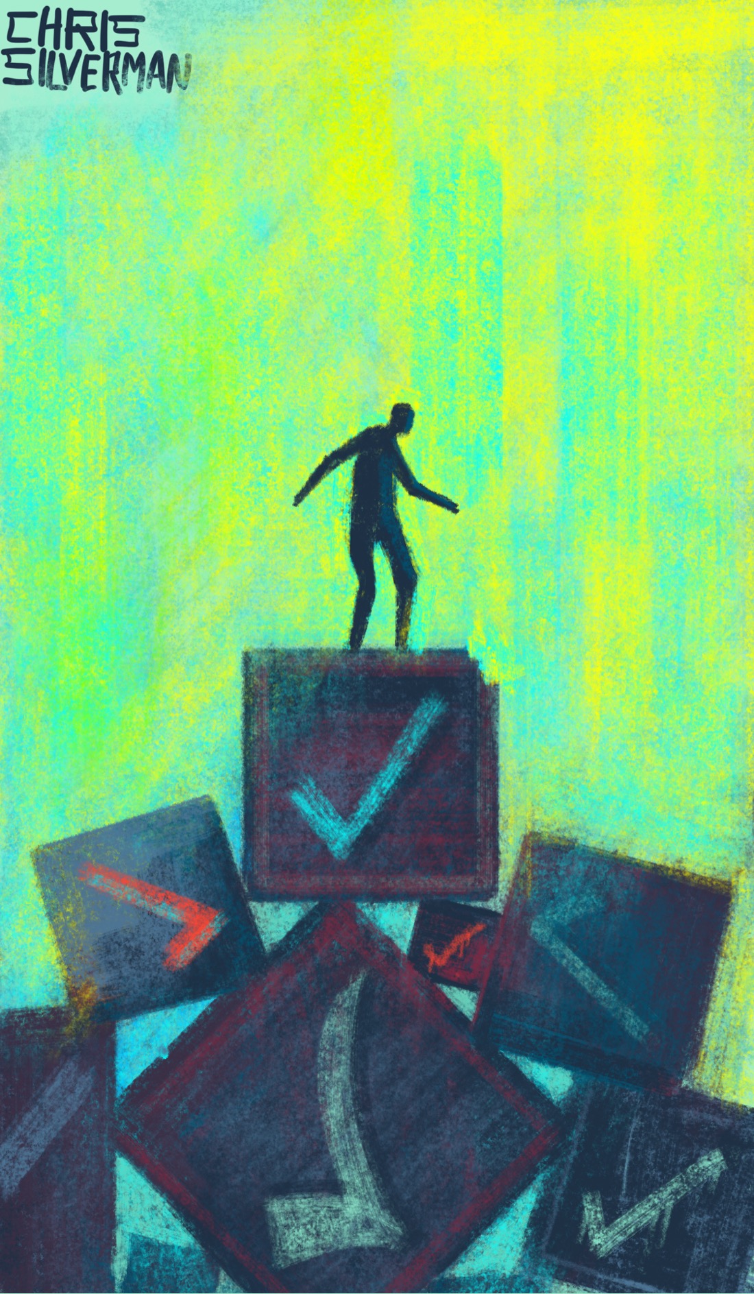 A person balances unsteadily on a haphazard pile of unevenly sized boxes. The boxes are worn, with faded paint on them. They look almost like they are made of wood. Each one has a checkbox on its side, painted in a different style. Some of the boxes are very large, several times the size of the person. The background is a featureless blue-and-yellow painted texture.