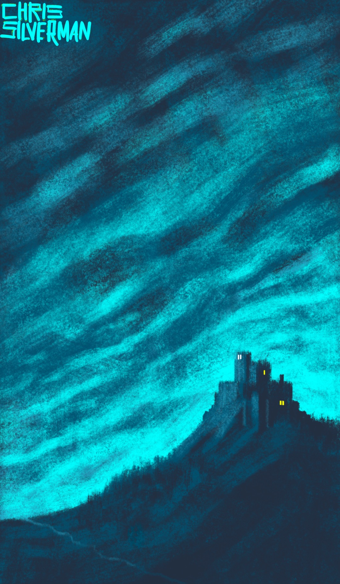 A foreboding, heavily clouded sky. Beneath it sits a castle on a hill, a small path running below the castle. There is a suggestion of patches of trees. The castle has a few lit windows, but seems largely abandoned. This is a mostly blue-green painting.