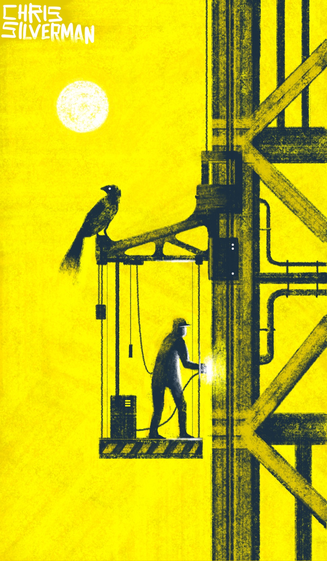 A movable platform, like that a window washer would use, attached to the side of some iron girders; perhaps an unfinished skyscraper. A person is standing on the platform applying a tool that looks like an acetylene torch to a spot on the girder. The white glow reflects off the person. Perched on top of the arm from which the platform is suspended is a large bird. The sun hangs in the yellow sky.