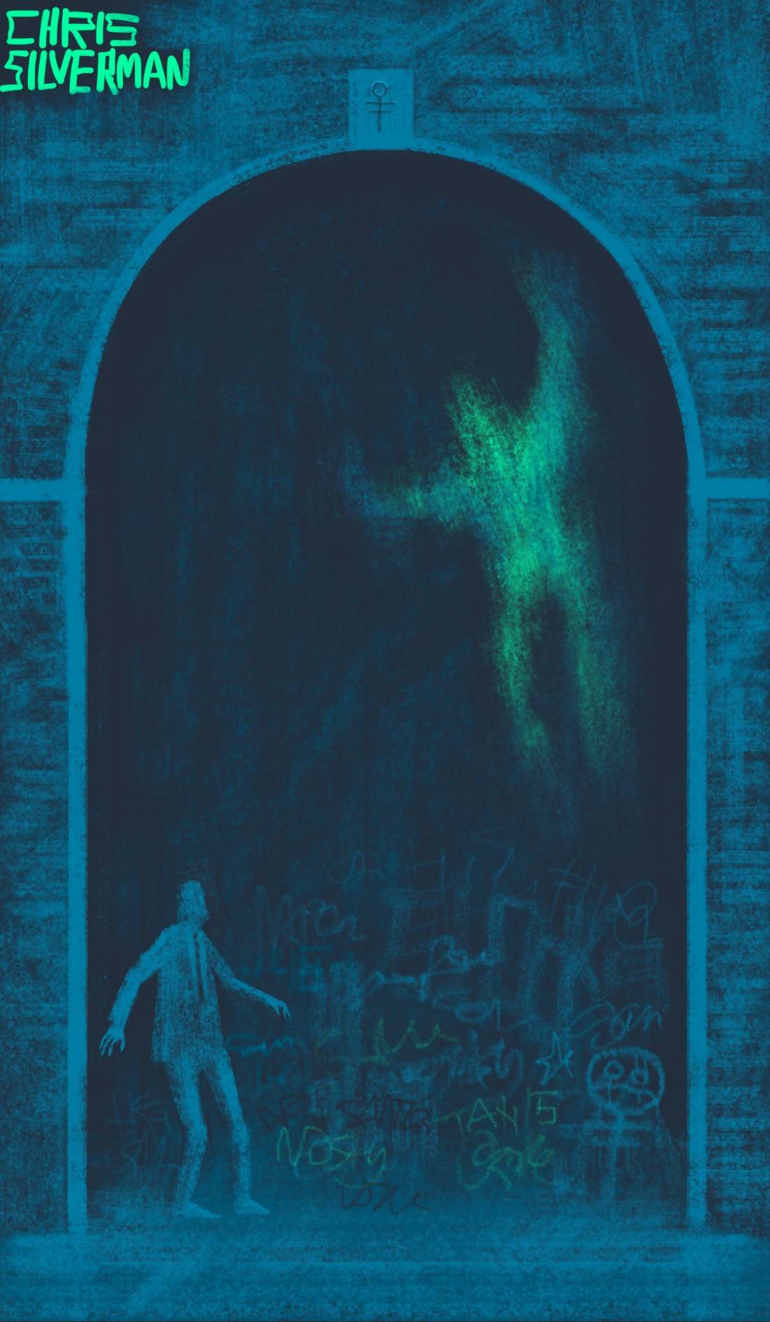 A person wearing a jacket and tie stands to the left inside a giant stone arch. The back wall of the arch is covered with graffiti. The person looks startled and is peering upward. Hovering in the top left of the arch is a blurry, glowing, fluorescent green apparition.