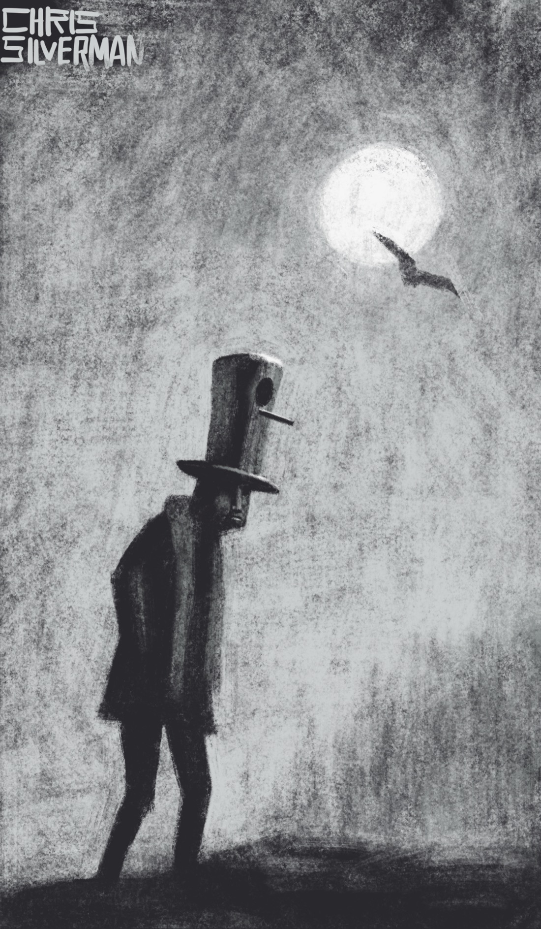 A grayscale drawing of a tall person walking at night under a full moon. There's a blurry forest in the background. The person has a scarf draped around their neck, and is wearing a very tall stovepipe hat. The hat has a hole and a small perch sticking out of it, like that of a birdfeeder. Flying in front of the moon is a large dark bird.