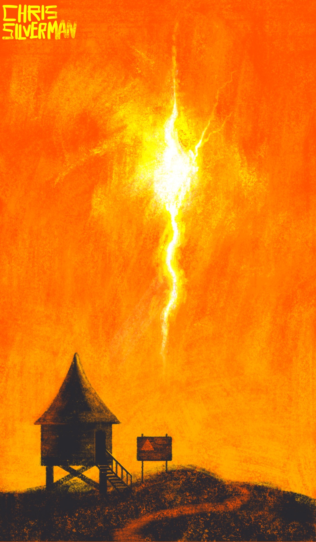 A red sky with a tear in it: a blazing white and yellow streak that appears to be a rip in the sky. Below is a small house on supports with a sharp, conical roof. A path winds past the house. Next to the house is what looks like a warning sign with a red triangle on it. The ground is barren, almost volcanic. This is not a good place to be.