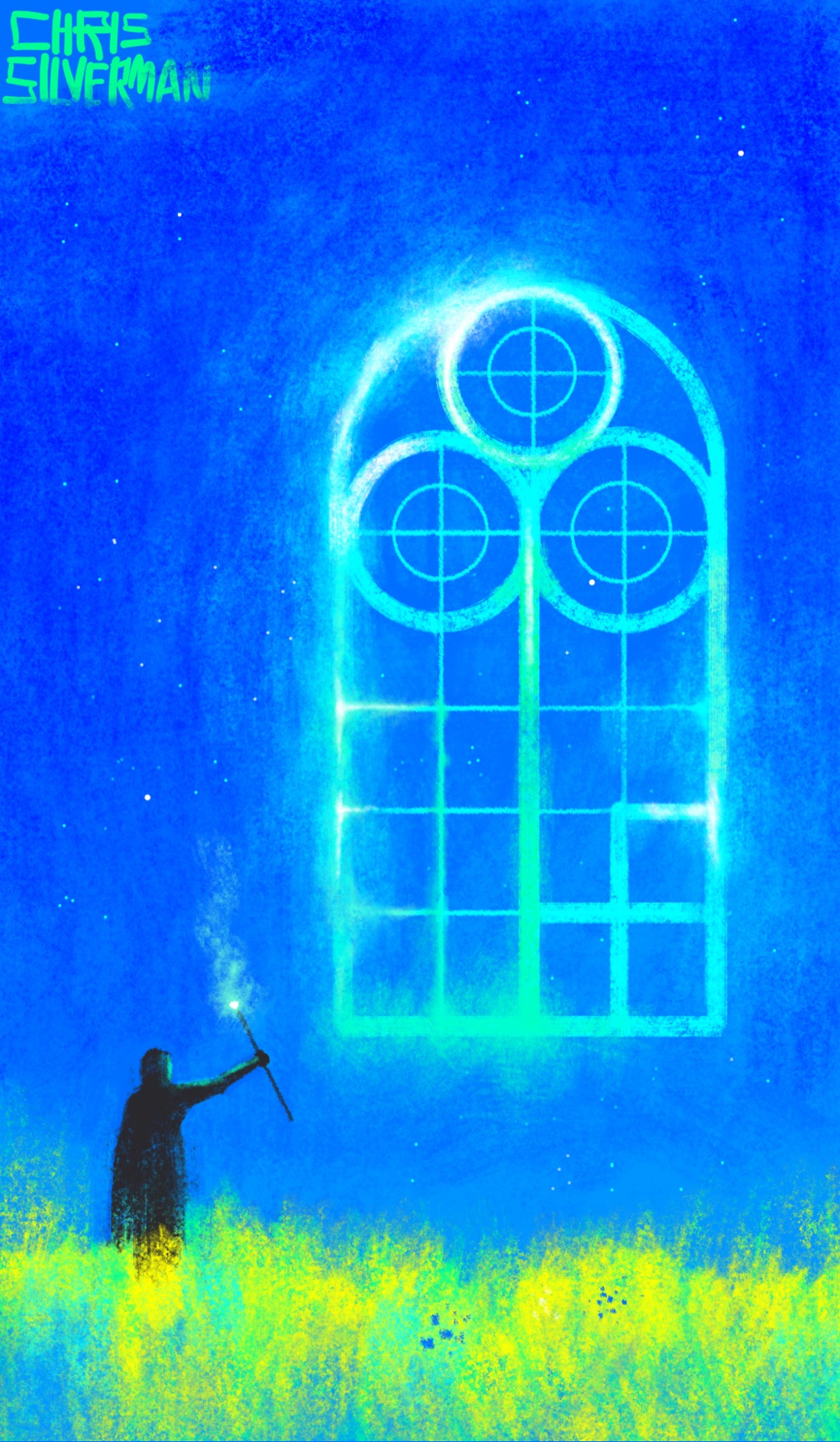 A blue night sky filled with stars, and a yellow-green meadow beneath it that seems to be glowing. Standing to the left in the meadow is a dark figure, holding up a wand with a flaming blue light at the end. In front of the figure, hanging in the sky like a mirage, is the glowing green outline of an ornate church window. The three circular panes at the top of the window, arranged in a triangle, and the square panes below it, form a key.