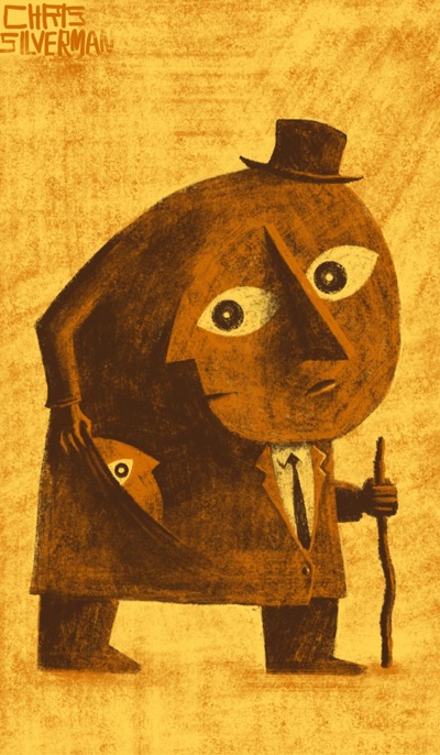 A figure, colored leather-brown, wearing a coat and tie and carrying a crooked walking stick. The figure's head is a combination of two faces: one looking forwards, and one seen in profile. The figure's right eye is shared by both faces. The face in profile is looking down and to the left, at the deep right pocket of the coat in which is seen a third face. The figure is wearing a dark brown top hat. The drawing is on a tan yellow background.