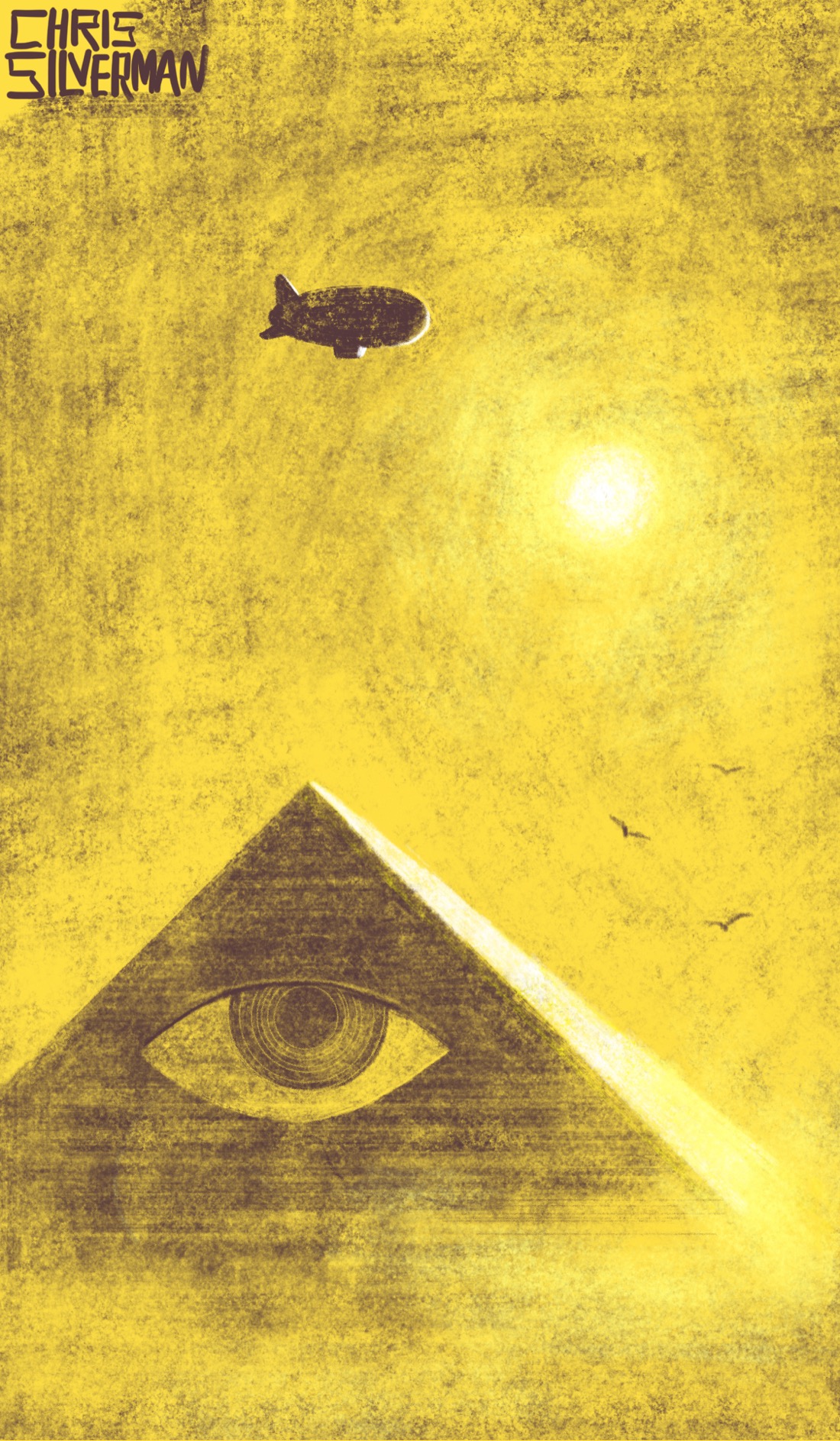 A dusty yellow desert at high noon. Birds circle in the sky. Below, rising out of the dust, is a pyramid with a giant eye on the side. The eye is looking skyward. Above, in the top left of the sky, is a dirigible: novus versus vetera in ordo seclorum.