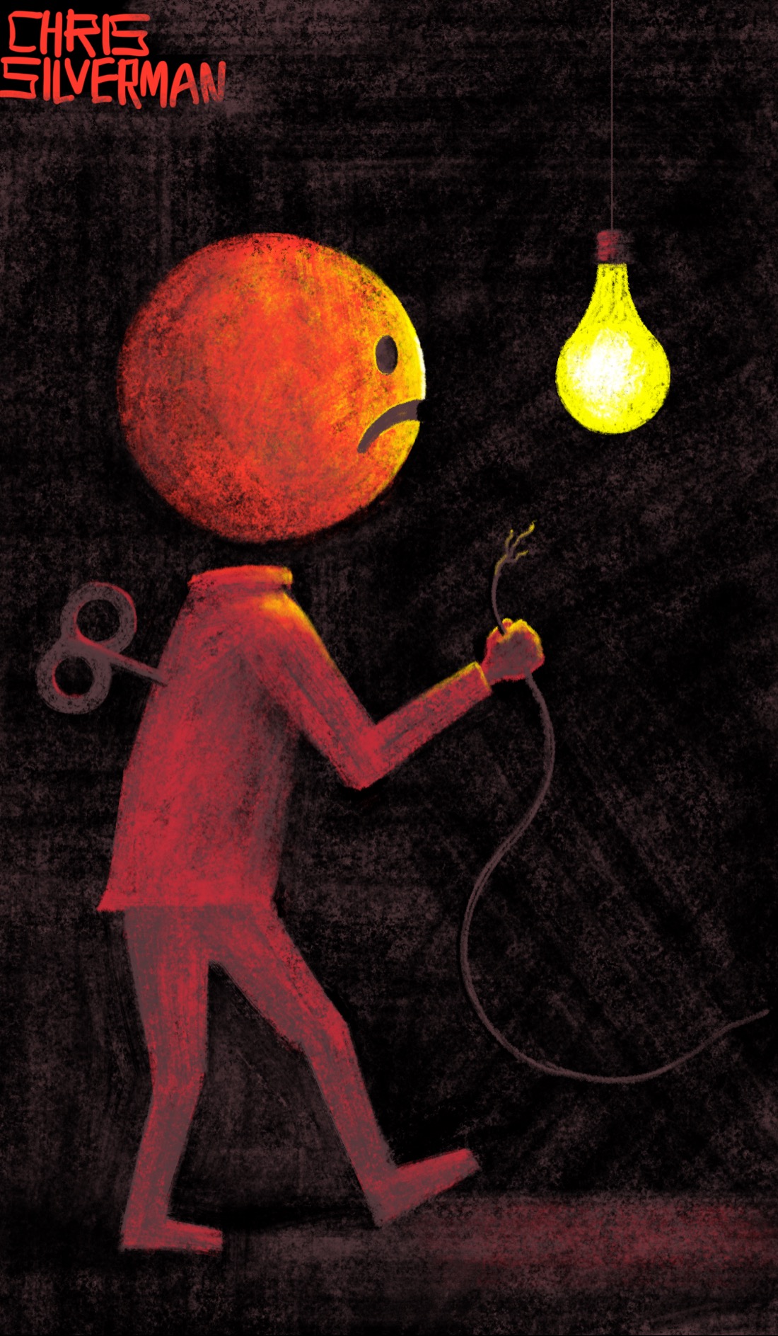 A mostly dark environment, illuminated only by a bright yellow bulb hanging from the top right of the drawing. Approaching the bulb from the left is a reddish figure holding up the frayed end of an electrical cable. There is a windup key sticking out of the figure’s back. The figure’s head is a sphere with a frowning emoji face on it, floating above its neck.