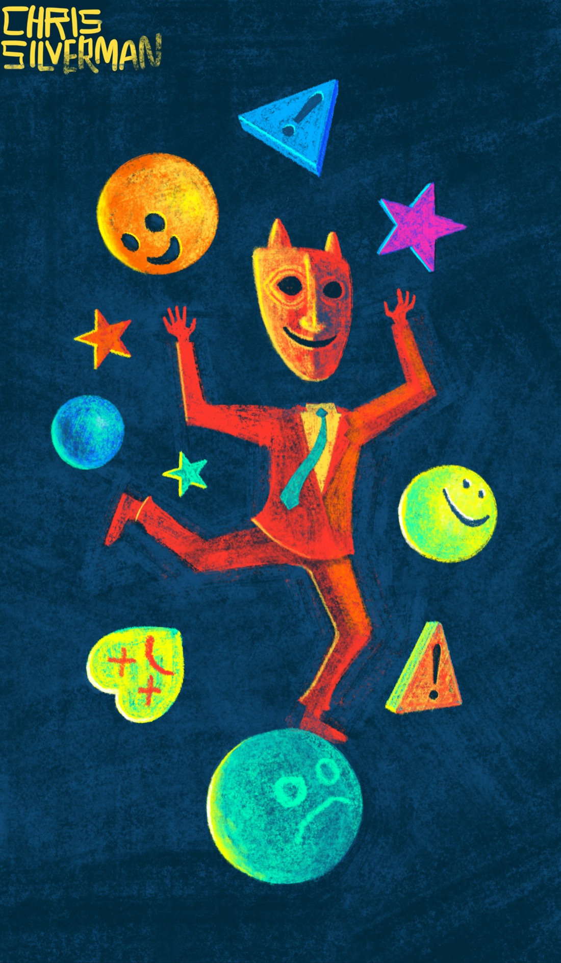 A headless figure wearing a red suit with a yellow shirt and a blue-green tie balances on a blue-green ball. The ball has a frowning face crudely drawn on it. The figure's arms are up, as though it is juggling, and it is surrounded by random colored objects: stars, triangles with exclamation points in the center, spheres with smiling faces on them. There is a neon yellow heart with a red, frowning face and X's for eyes. Hovering above the figure's neck, where a head would be, is a red devil mask with empty eyes and an eerie smile. The figure is set against a dark blue background.