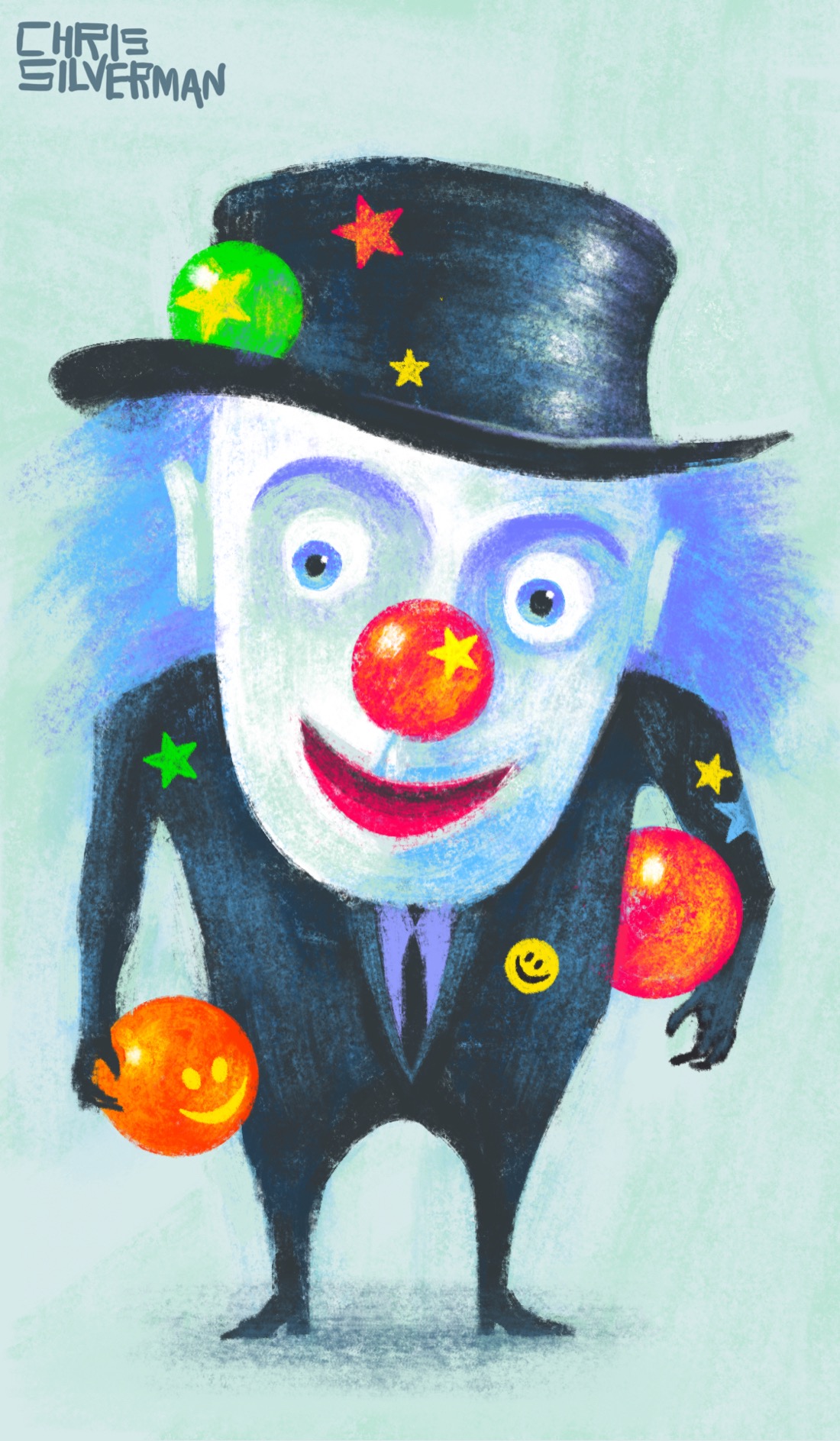 A clown with a dark suit and tie, a top hat, and long indigo hair. The clown has a bright red nose, a white face, red lips, and is holding several colored balls, one of which has a smiling face on it. They are wearing several colored star stickers.